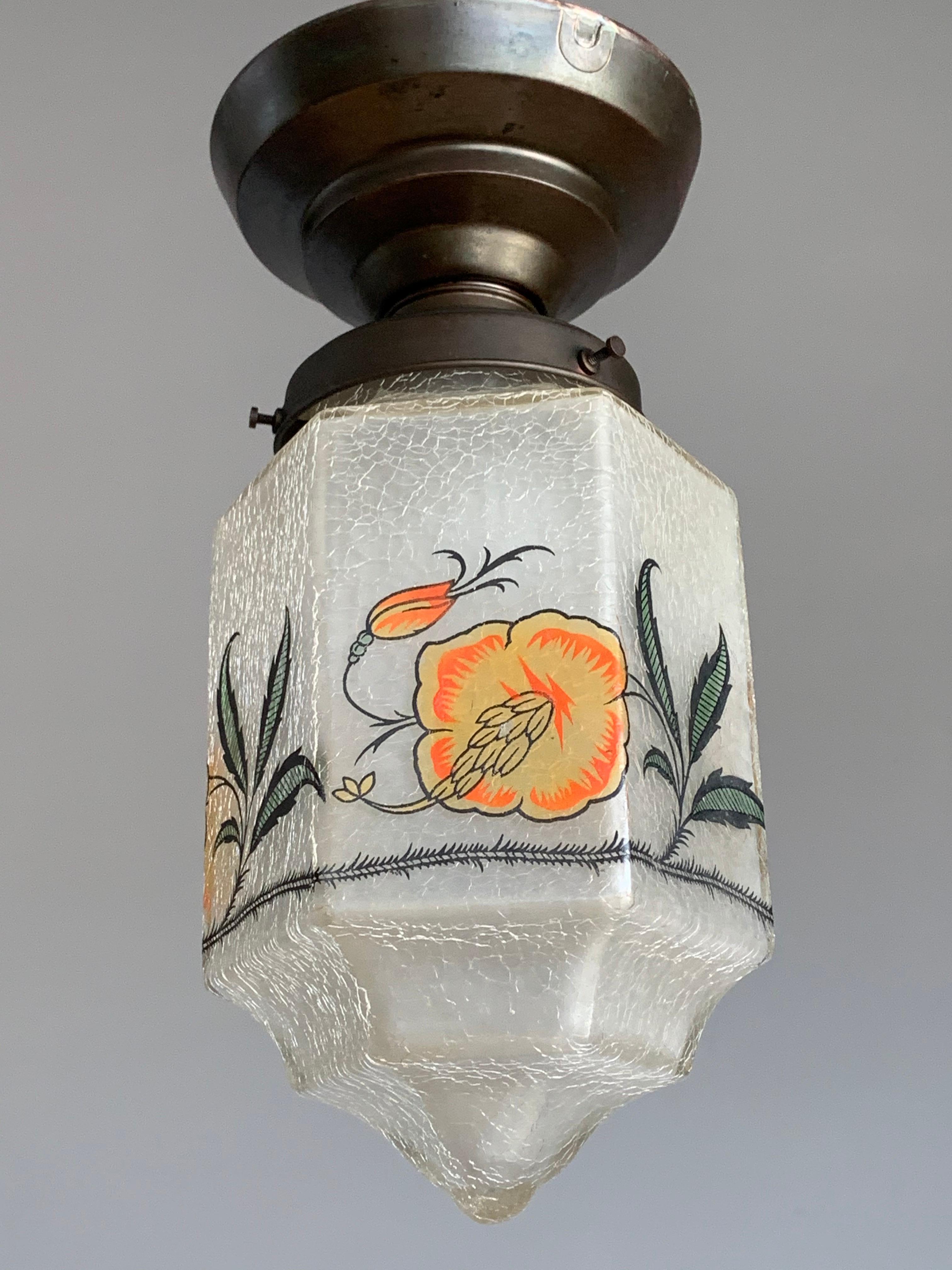 Brass Rare Hexagonal Shape 1920s Crackled Glass w. Striking Flower Shade Pendant Light