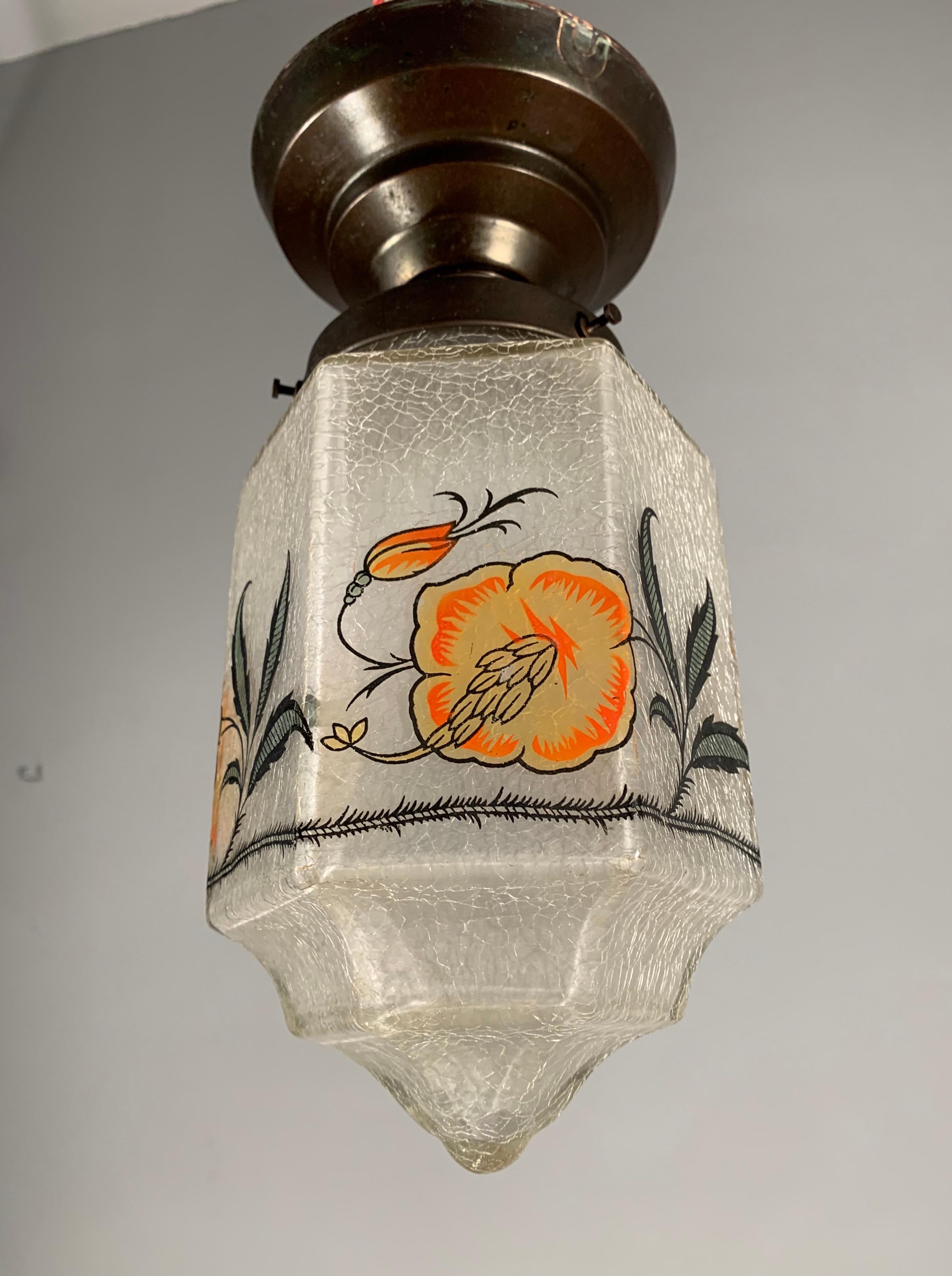 Rare Hexagonal Shape 1920s Crackled Glass w. Striking Flower Shade Pendant Light 1