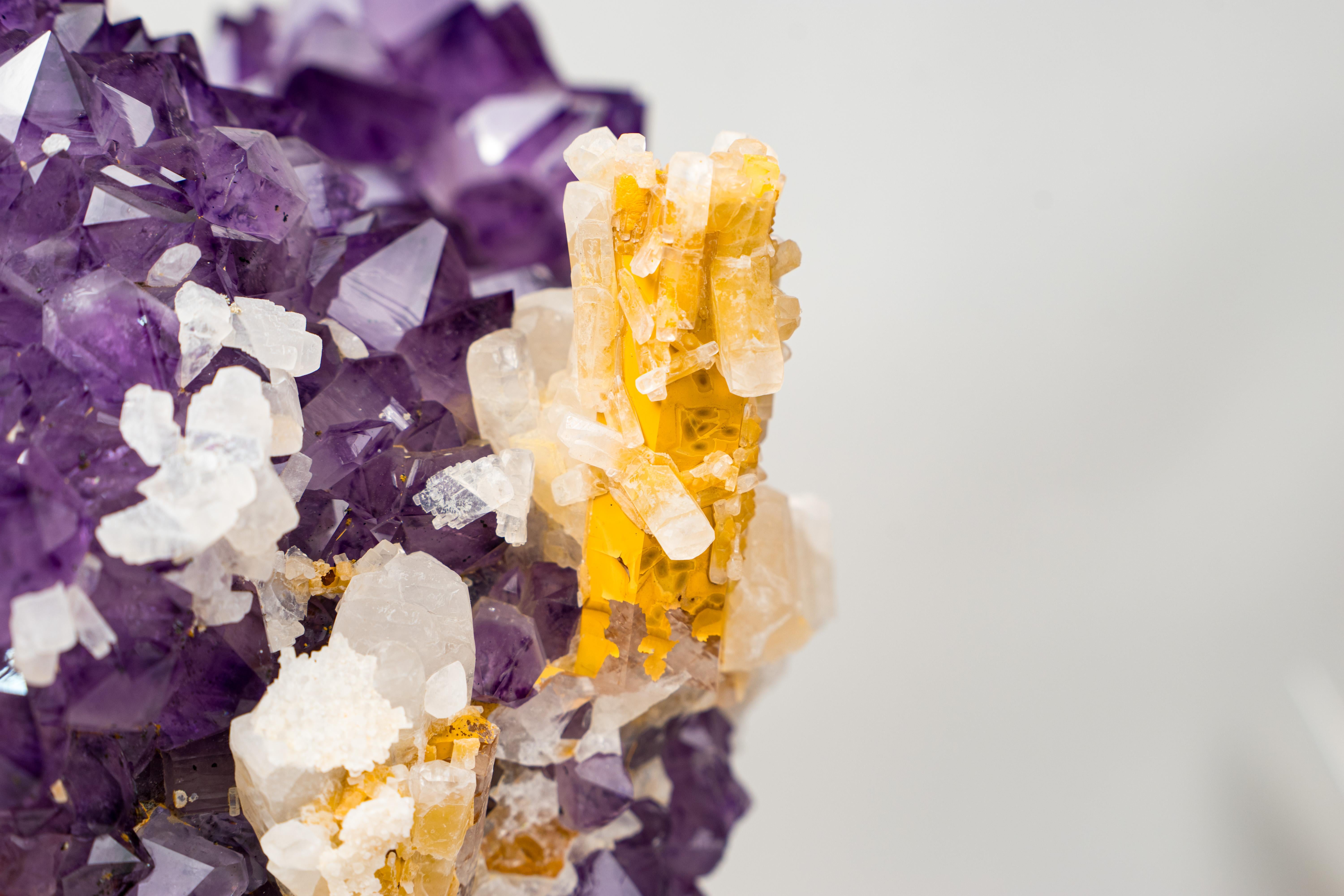 Rare Hexagonal Yellow Calcite with Inclusions on Gemmy Purple Amethyst Cluster For Sale 4