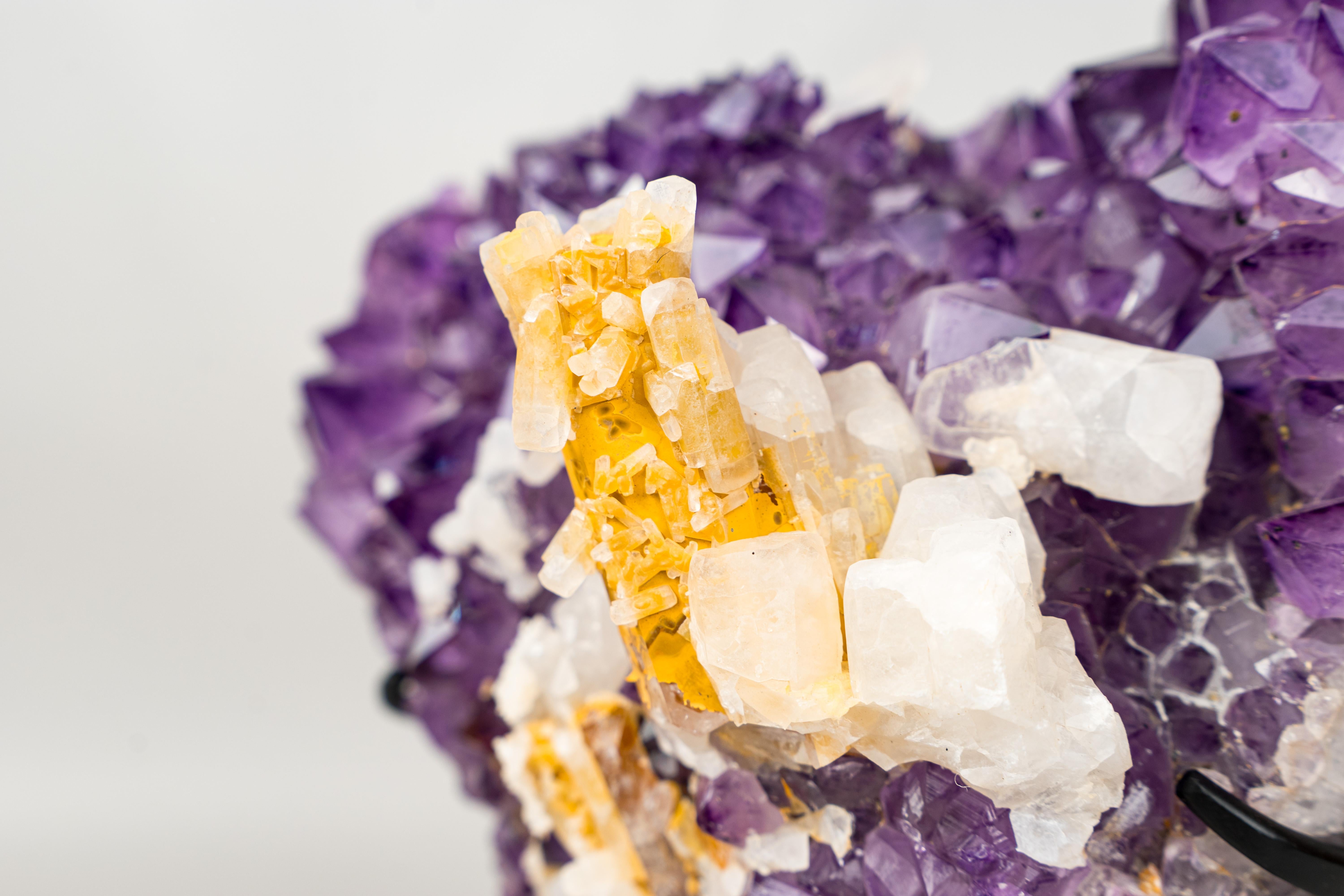 Rare Hexagonal Yellow Calcite with Inclusions on Gemmy Purple Amethyst Cluster For Sale 5