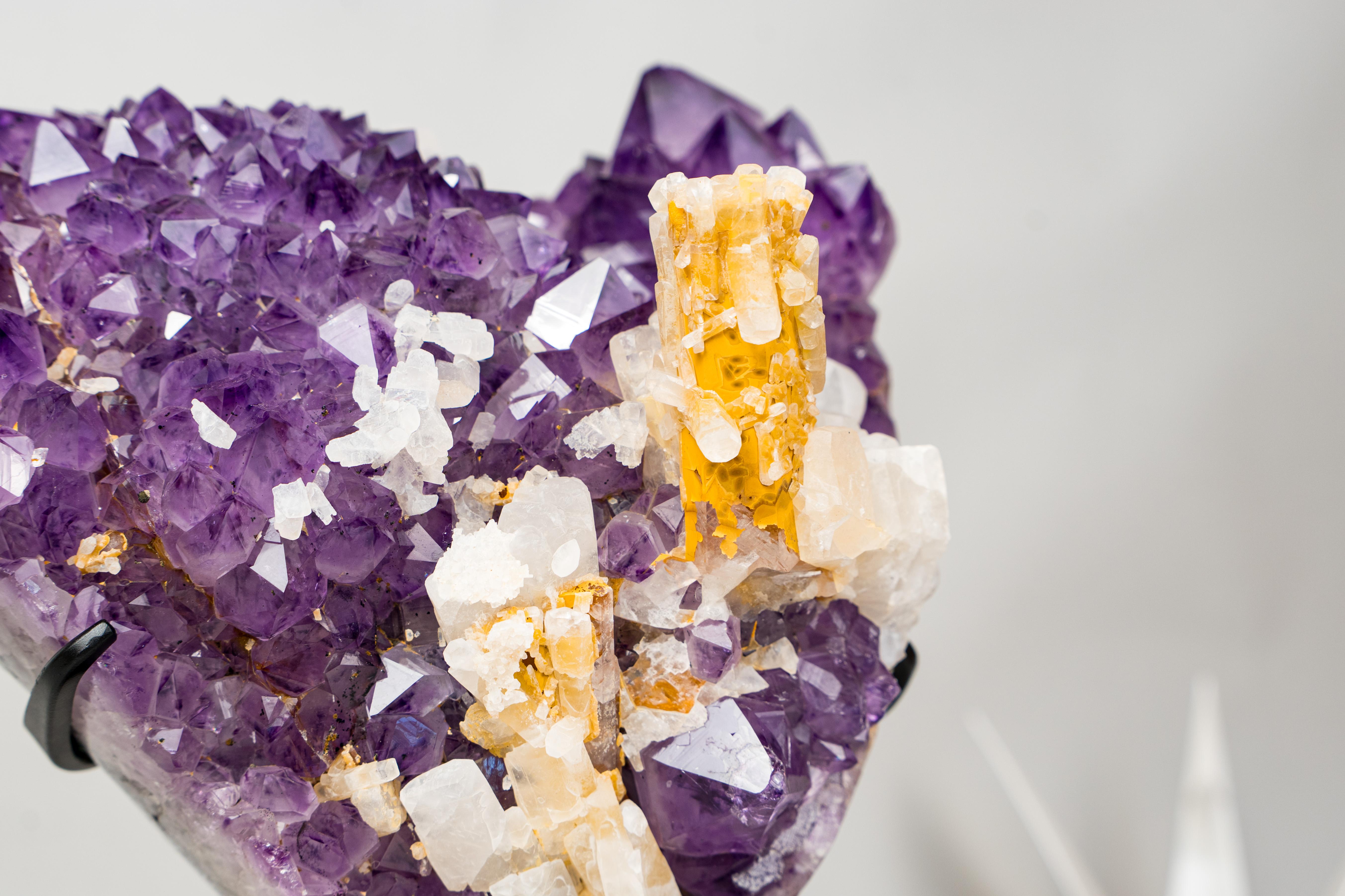 Brazilian Rare Hexagonal Yellow Calcite with Inclusions on Gemmy Purple Amethyst Cluster For Sale