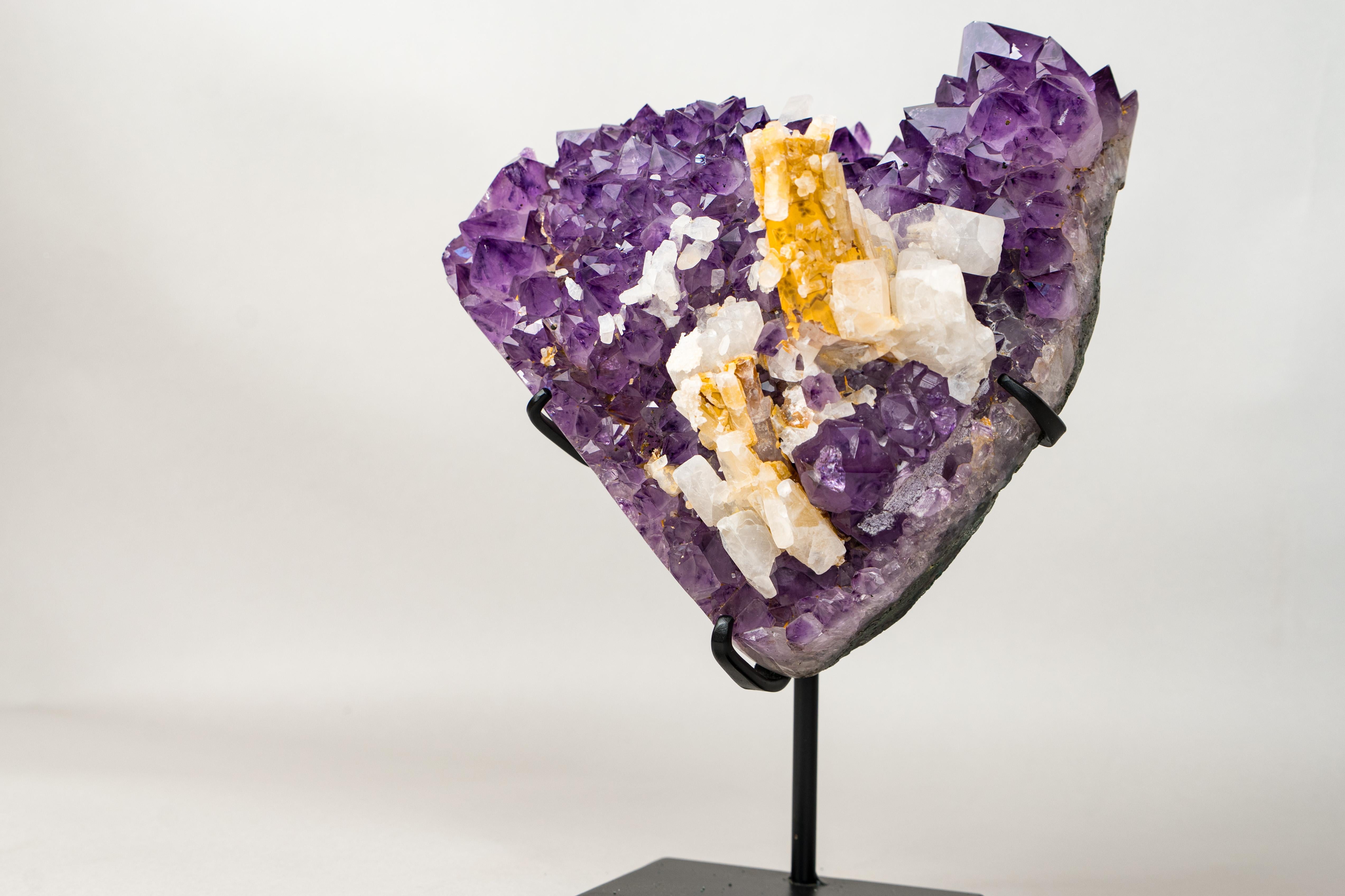 Contemporary Rare Hexagonal Yellow Calcite with Inclusions on Gemmy Purple Amethyst Cluster For Sale