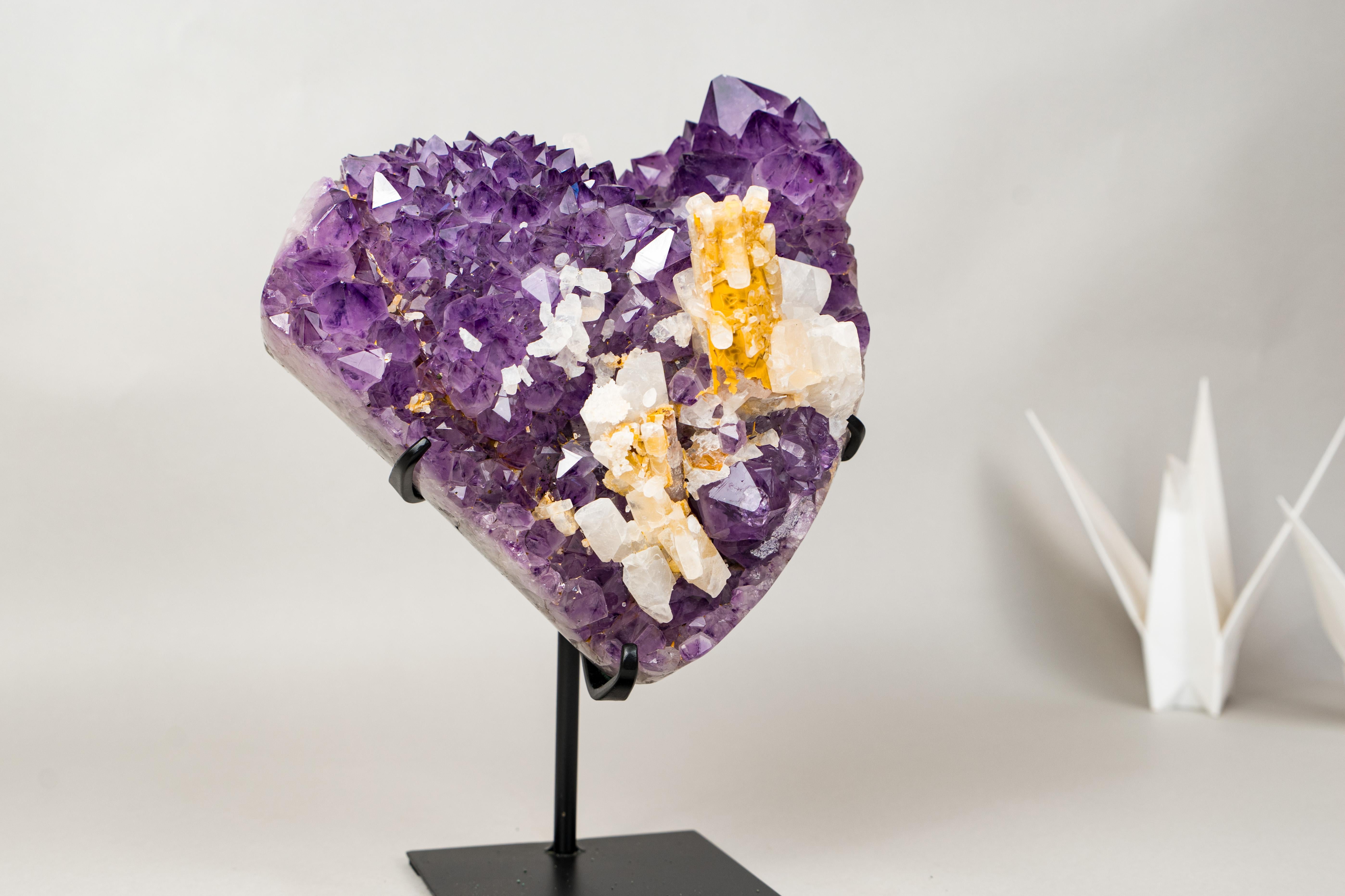 Crystal Rare Hexagonal Yellow Calcite with Inclusions on Gemmy Purple Amethyst Cluster For Sale