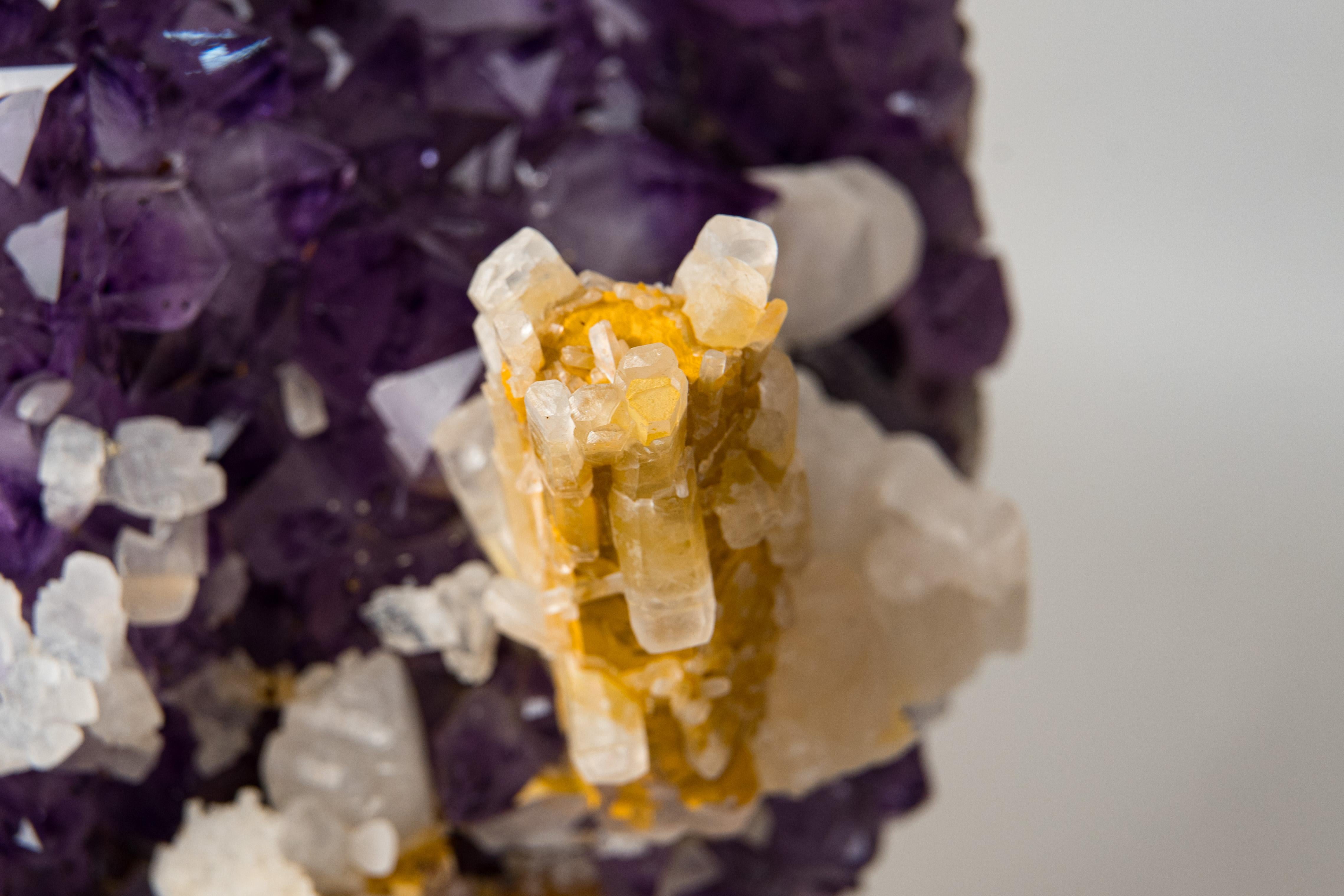 Rare Hexagonal Yellow Calcite with Inclusions on Gemmy Purple Amethyst Cluster For Sale 1