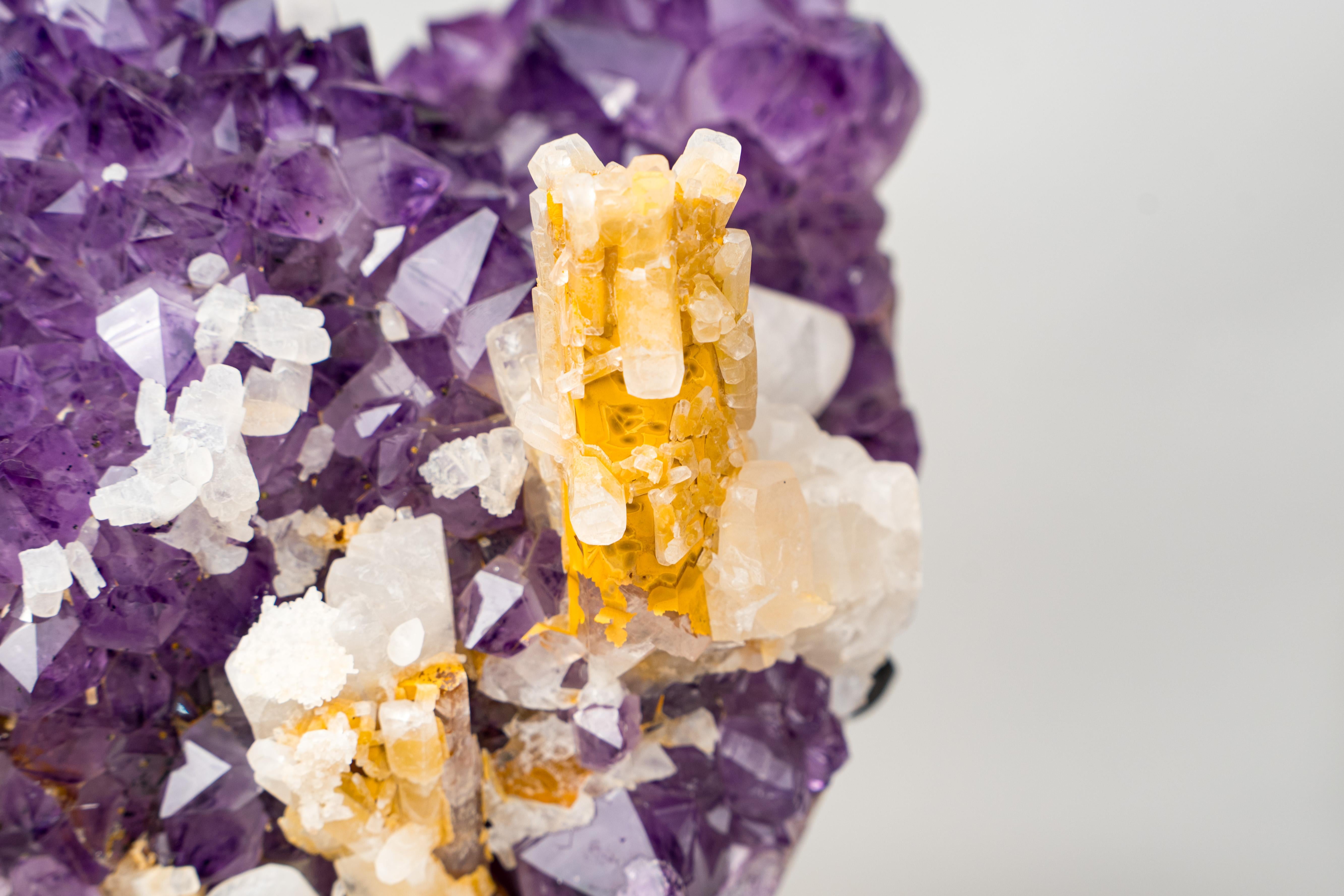 Rare Hexagonal Yellow Calcite with Inclusions on Gemmy Purple Amethyst Cluster For Sale 2