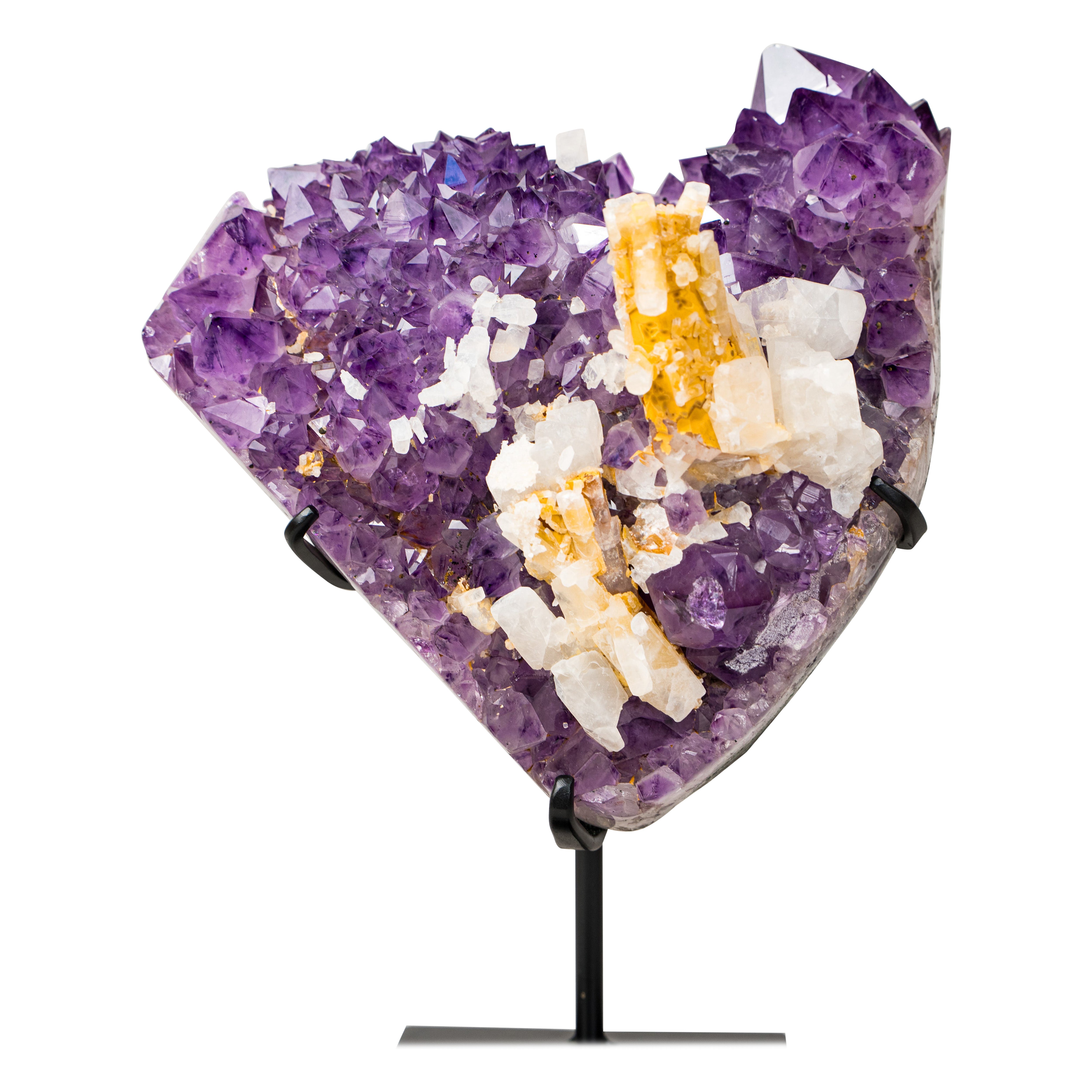 Rare Hexagonal Yellow Calcite with Inclusions on Gemmy Purple Amethyst Cluster For Sale