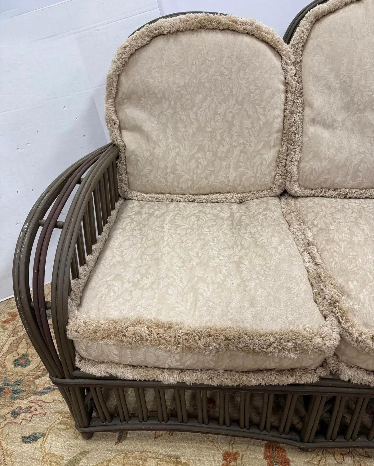 Mid-20th Century Rare Heywood Wakefield 1940's Early Mid Century Stick Wicker Rattan Sofa For Sale