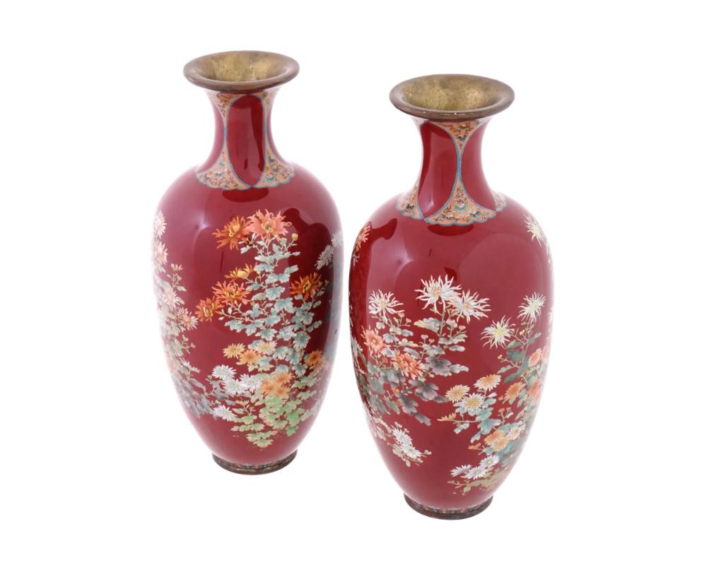Cloissoné A Large Rare Pair Of Red Japanese Cloisonne Enamel Vases Gardens in Bloom Kawade For Sale