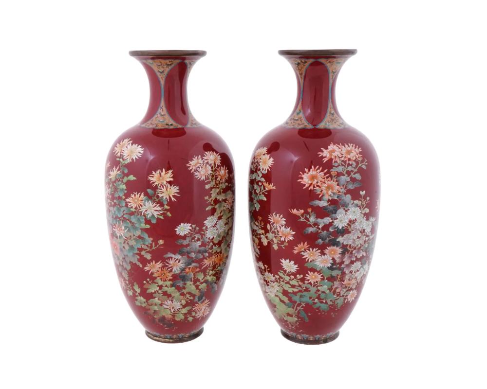 Meiji A Large Rare Pair Of Red Japanese Cloisonne Enamel Vases Gardens in Bloom Kawade For Sale
