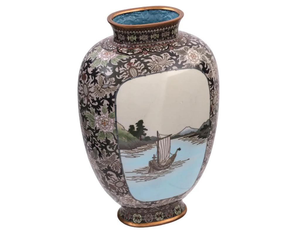 Cloissoné Rare High Quality Meiji Japanese Cloisonne Enamel Vase River Mountain landscape For Sale