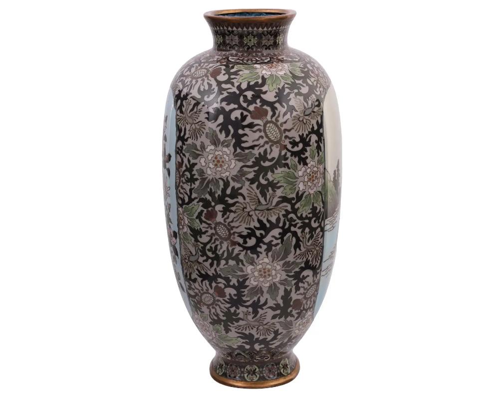 Rare High Quality Meiji Japanese Cloisonne Enamel Vase River Mountain landscape In Good Condition For Sale In New York, NY