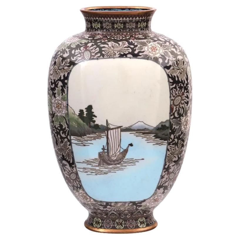 Rare High Quality Meiji Japanese Cloisonne Enamel Vase River Mountain landscape For Sale