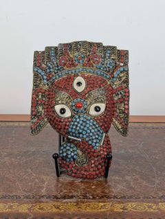 Rare Himalayan Copper Ganesha Mask with Polychrome Coral & Turquoise Stone Inlay