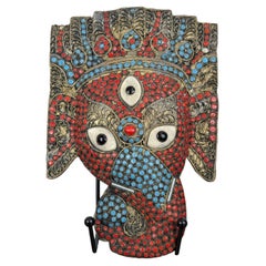 Rare Himalayan Copper Ganesha Mask with Polychrome Coral & Turquoise Stone Inlay