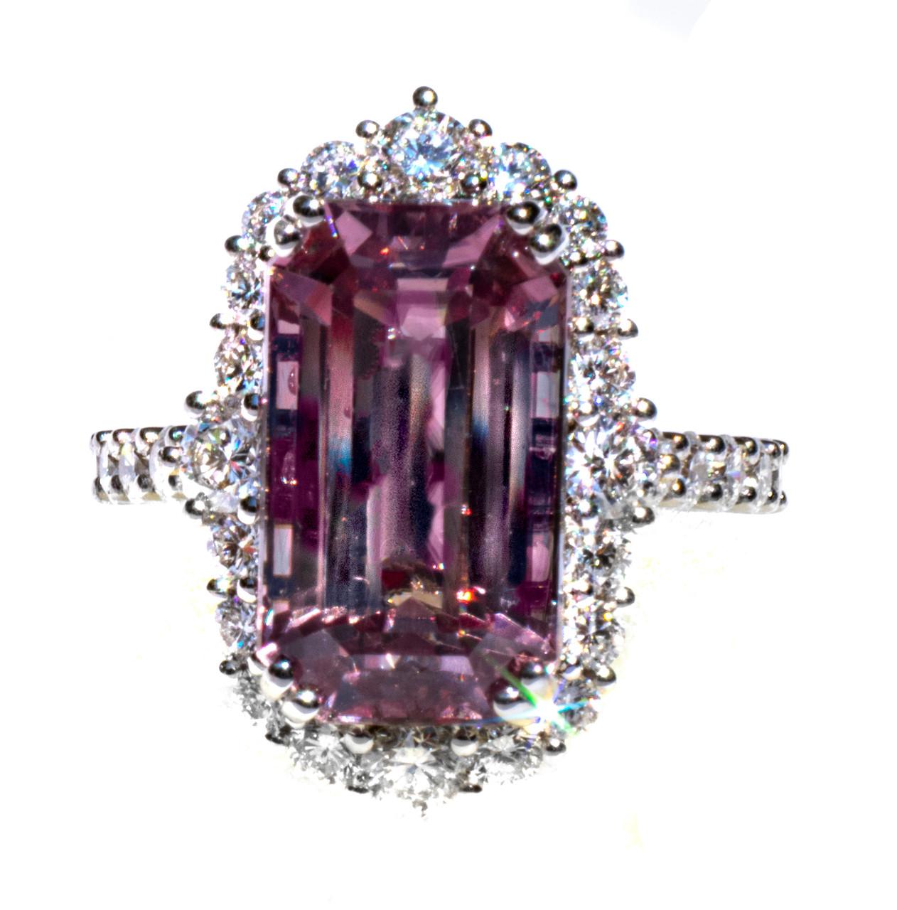 Emerald Cut Rare Himalayan Pinkish Purple Diaspore & Diamond 18K Ring 