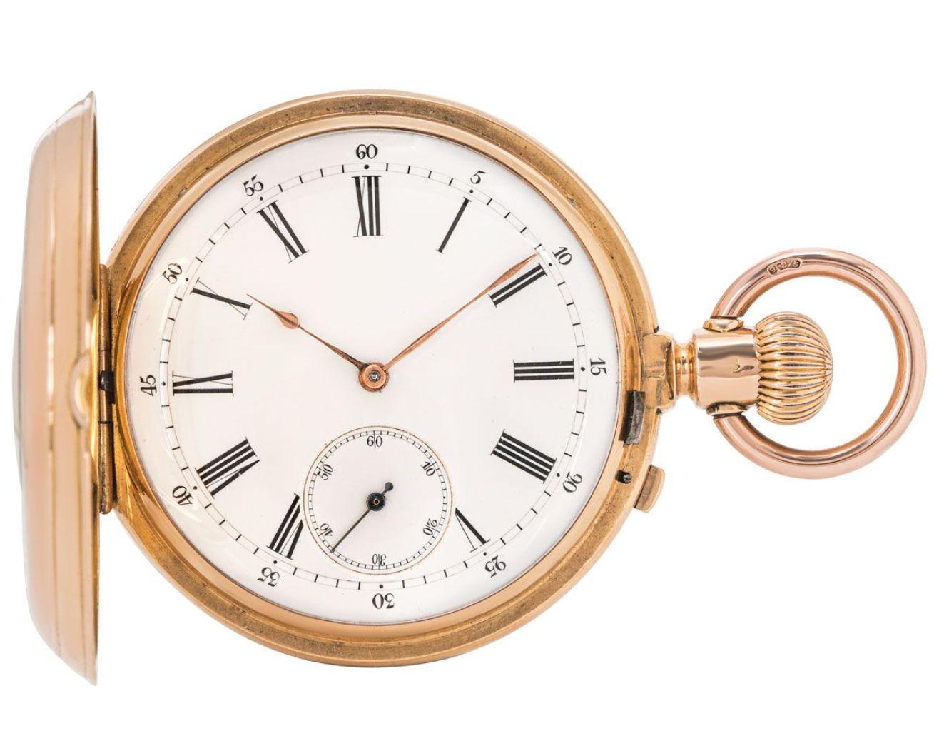 An Historic and Rare Rose Gold Enamelled Keyless Pivoted Detente Cronometre Half Hunter Pocket Watch C1880.

Dial: The excellent white enamel dial with Roman Numerals, outer minute track with Arabic numbers at five minute intervals, subsidiary