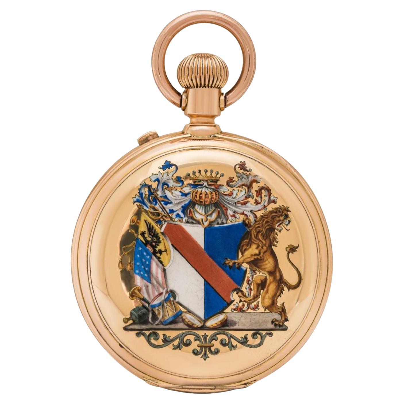 Rare et historique montre à gousset détente pivotante en or rose émaillé C1880