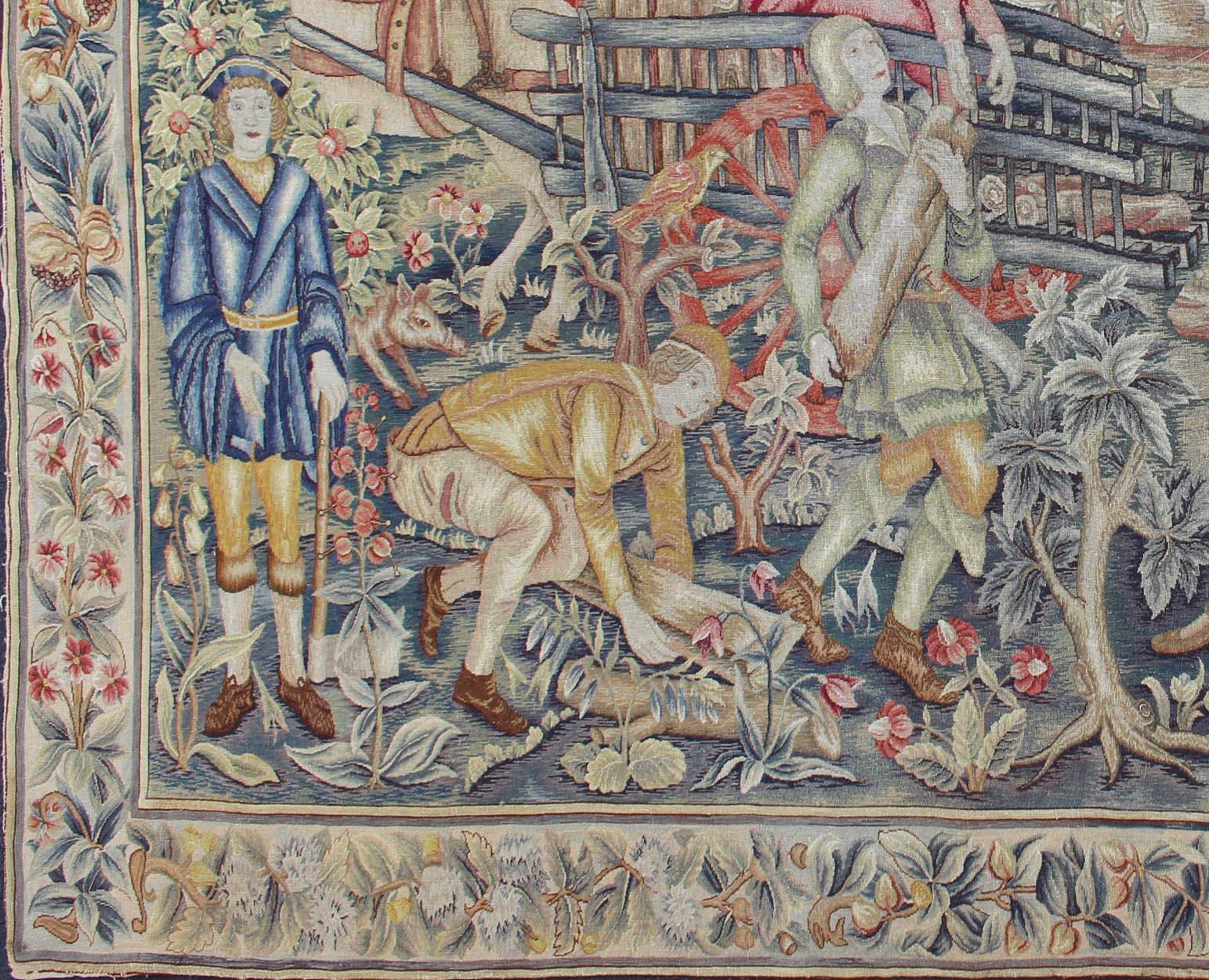 French antique tapestry with people, animals, greenery, and castle, rug 19-0509, country of origin / type: France / Tapestry, circa 1860

This tapestry represents a unique and rare piece of history. Dating back to the 19th century France, it
