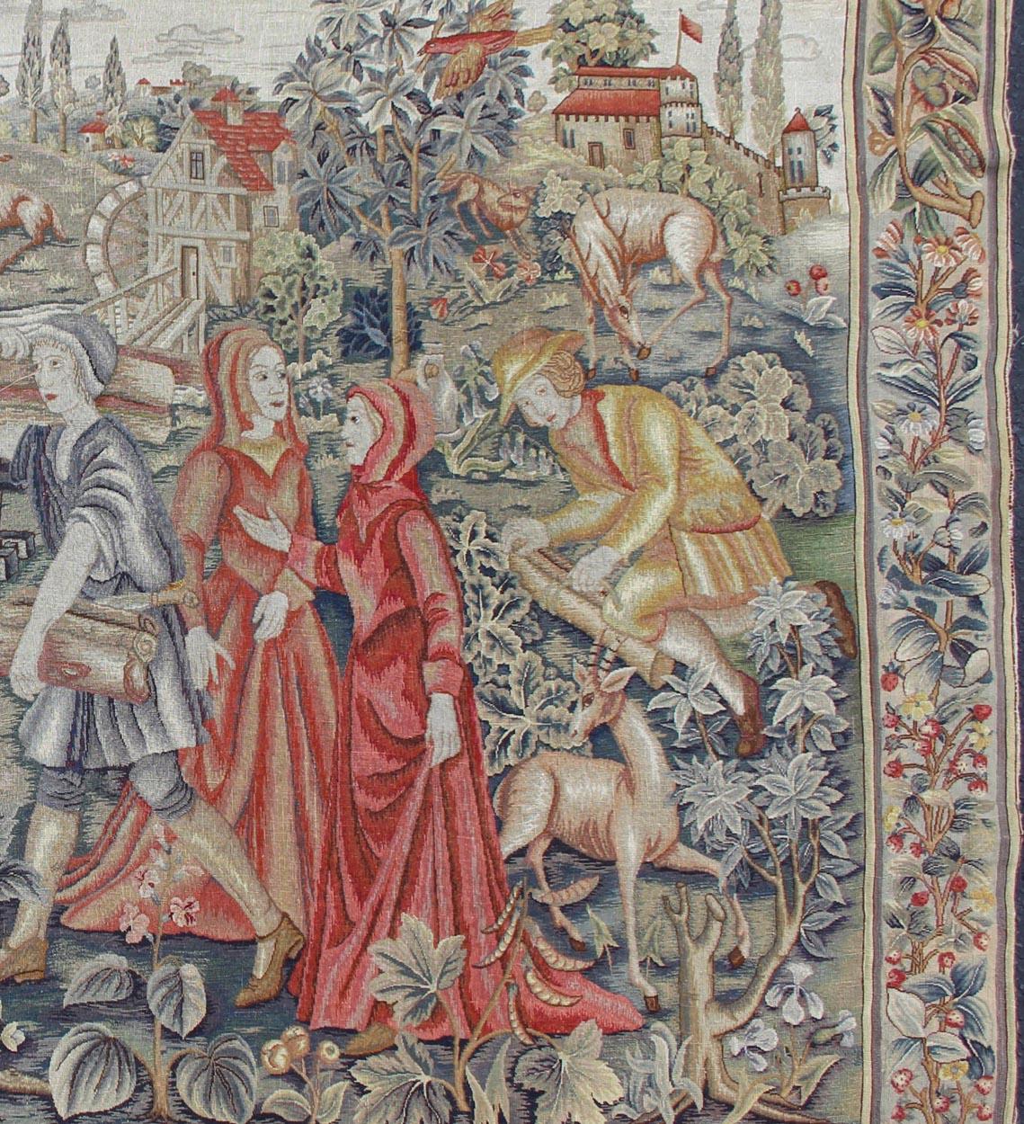Raro, Histórico, Antiguo Tapiz Continental Europeo con Escena de Bosque Francés