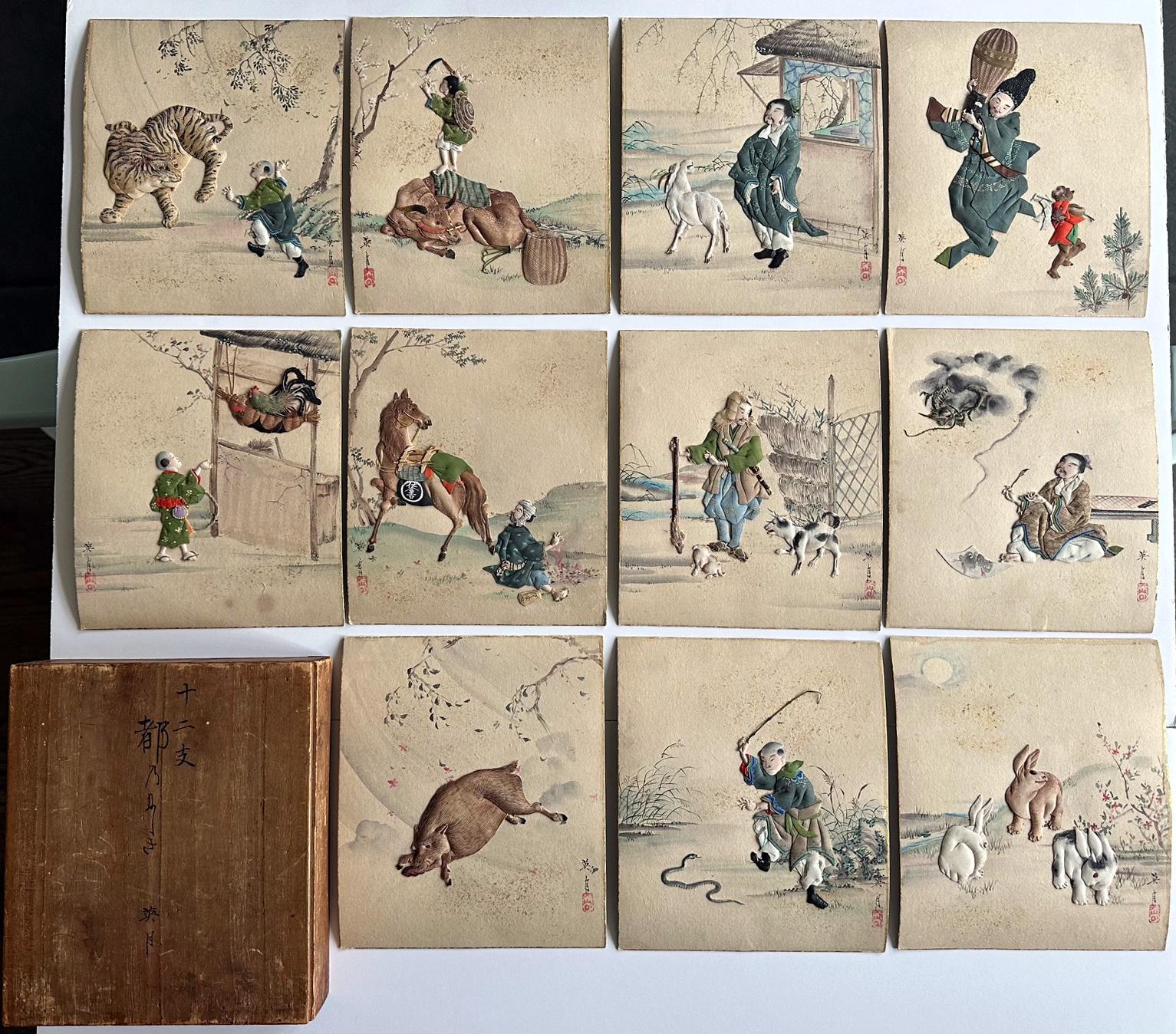 On offer here is a rare set of eleven Japanese textile art with painting panels called Oshi-E circa Meiji Period (1868-1912). This unusual set of panels depict various composition of oriental figures, animals and plants (even including a nanban