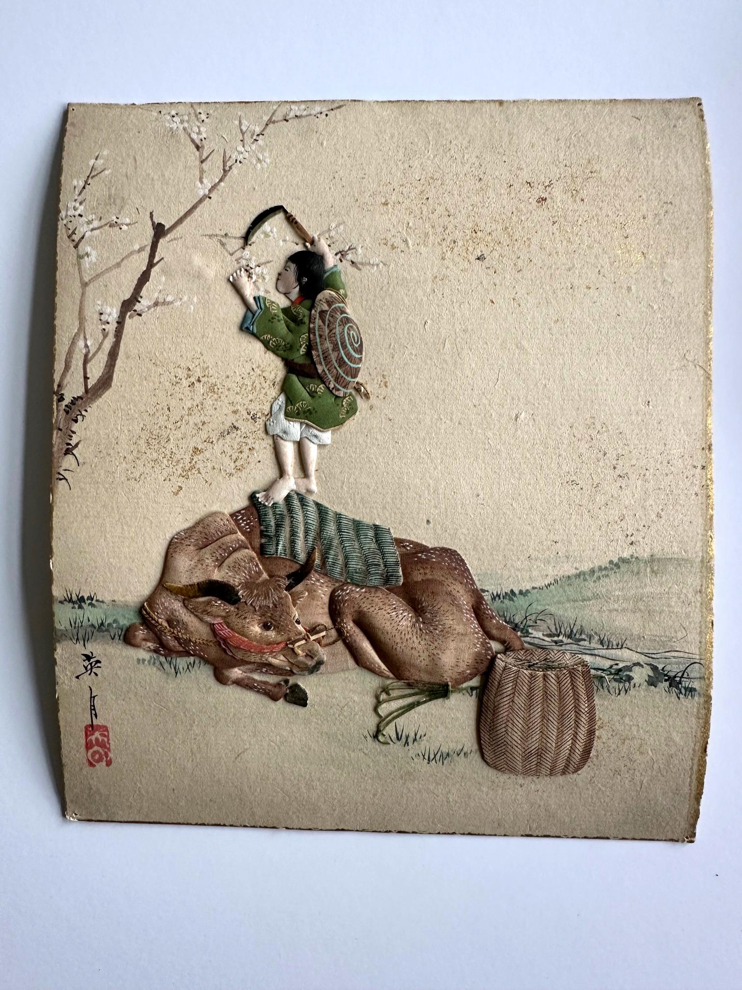 Appliqué Rare Historical Set Japanese Oshi-E Textile Art Panels Meiji Period For Sale