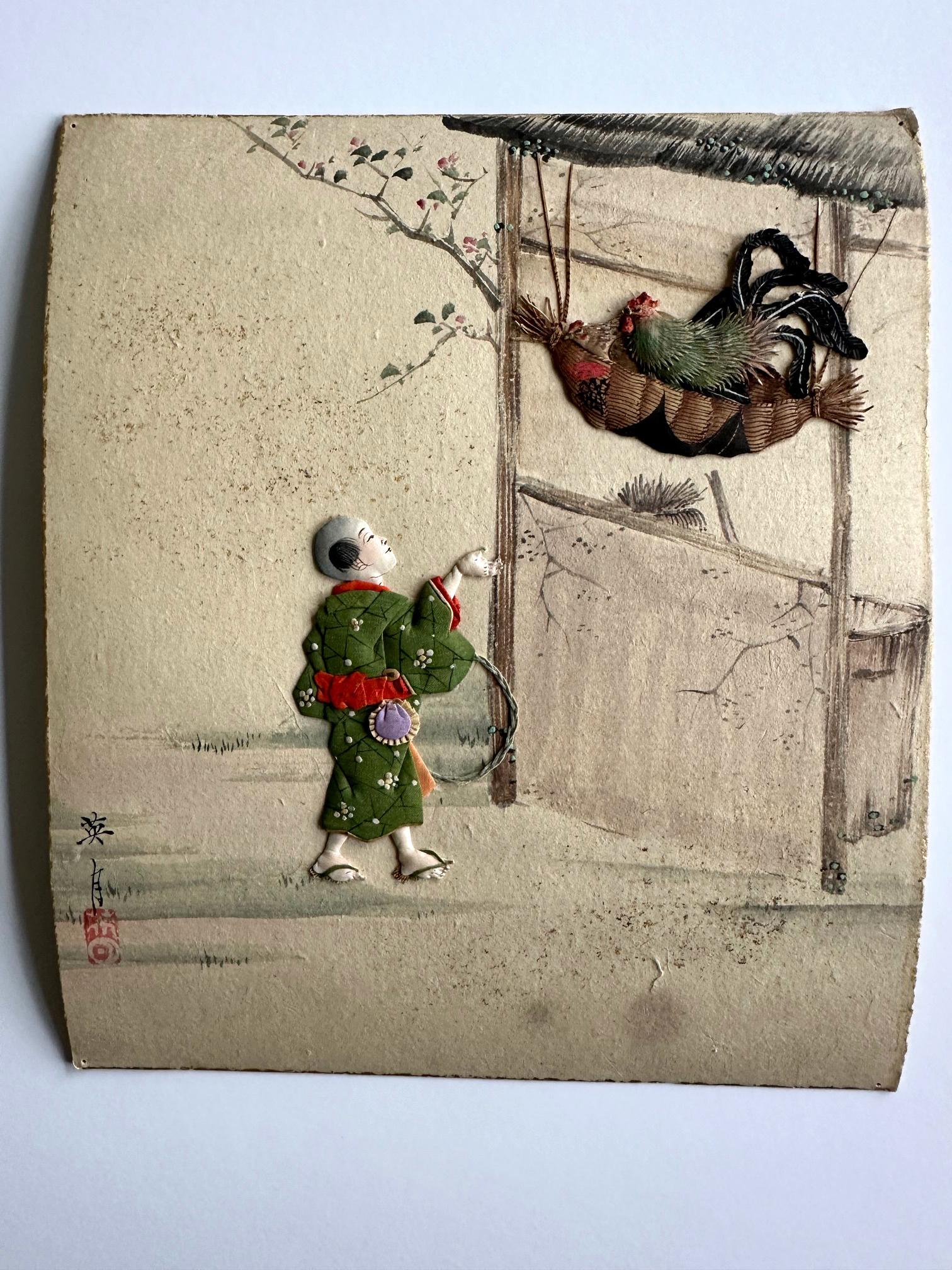 Rare Historical Set Japanese Oshi-E Textile Art Panels Meiji Period For Sale 1