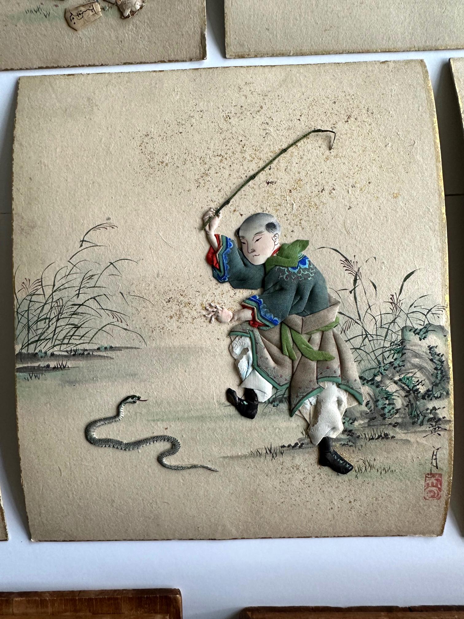 Rare Historical Set Japanese Oshi-E Textile Art Panels Meiji Period For Sale 2