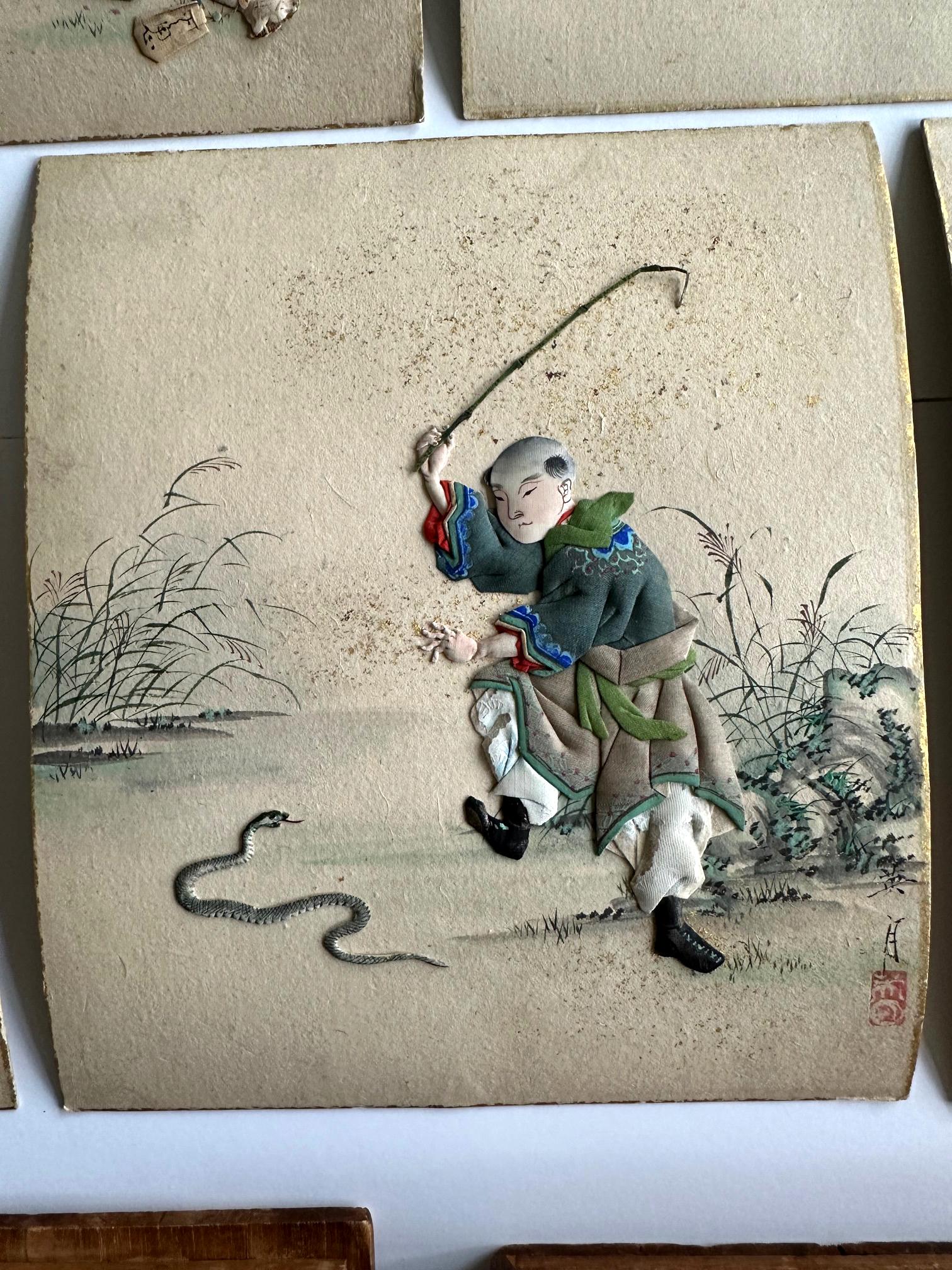 19th Century Rare Historical Set Japanese Oshi-E Textile Art Panels Meiji Period