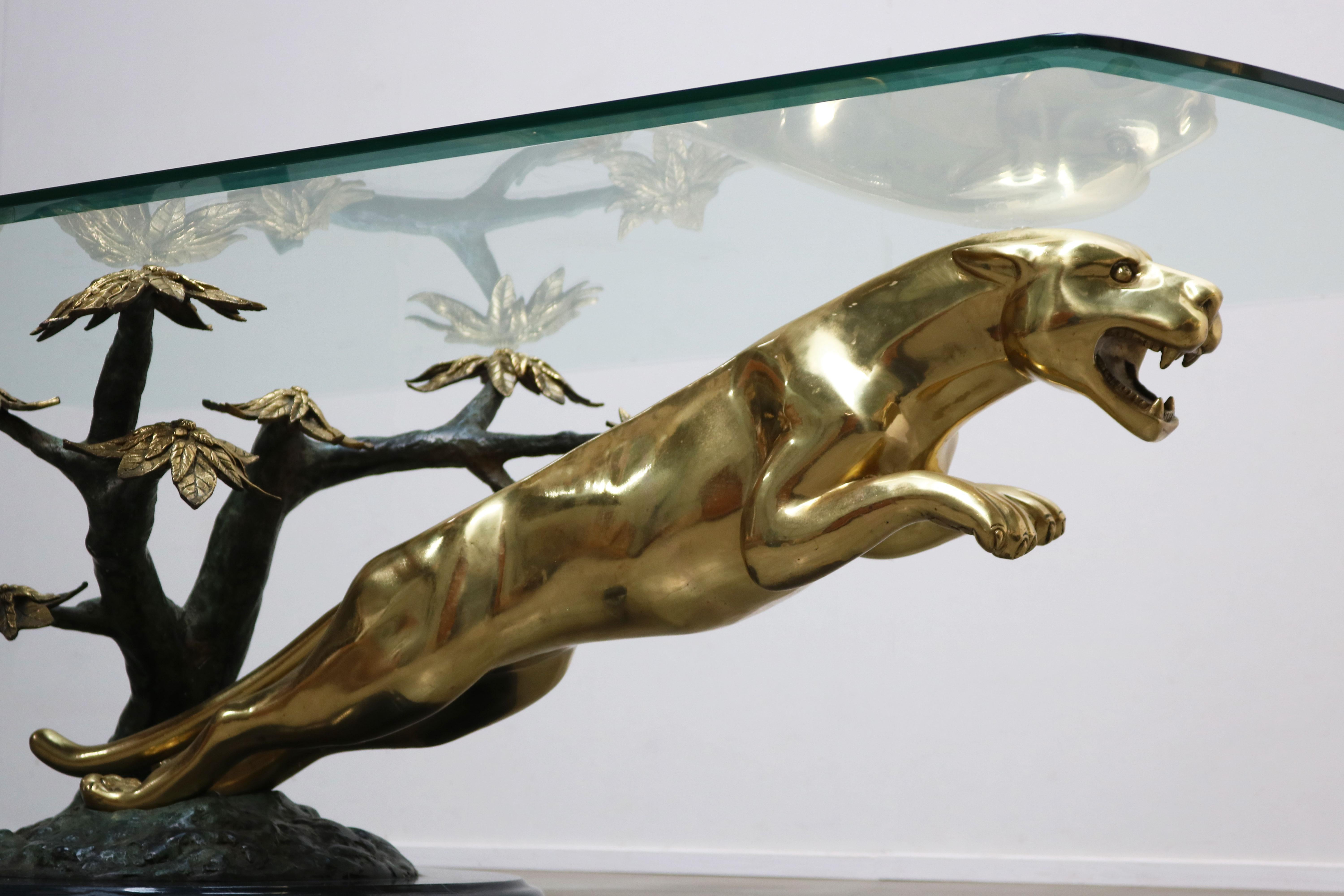 French Rare Hollywood Regency Coffee Table / Center Leaping Panther 1960 Maison Jansen For Sale