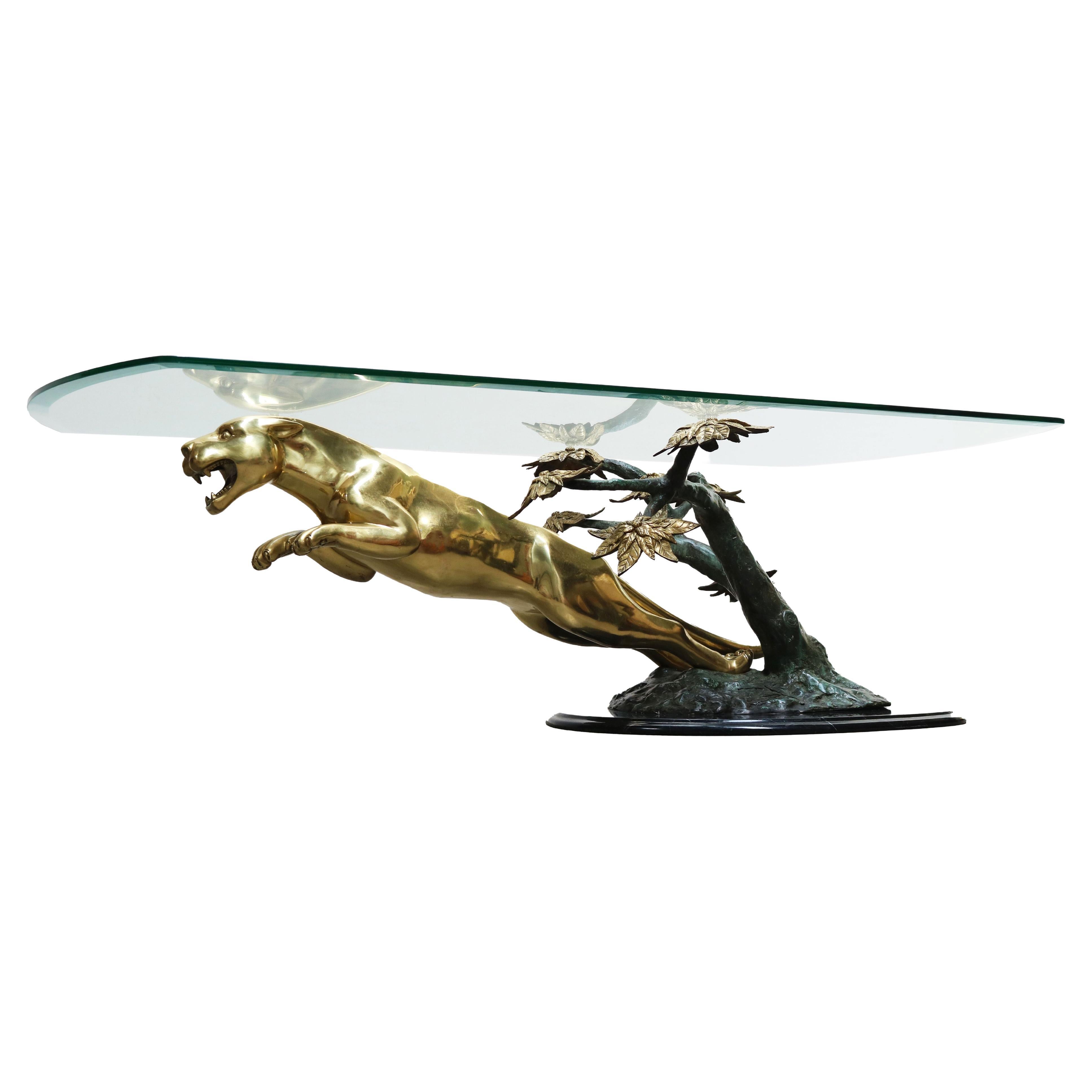 Rare Hollywood Regency Coffee Table / Center Leaping Panther 1960 Maison Jansen For Sale