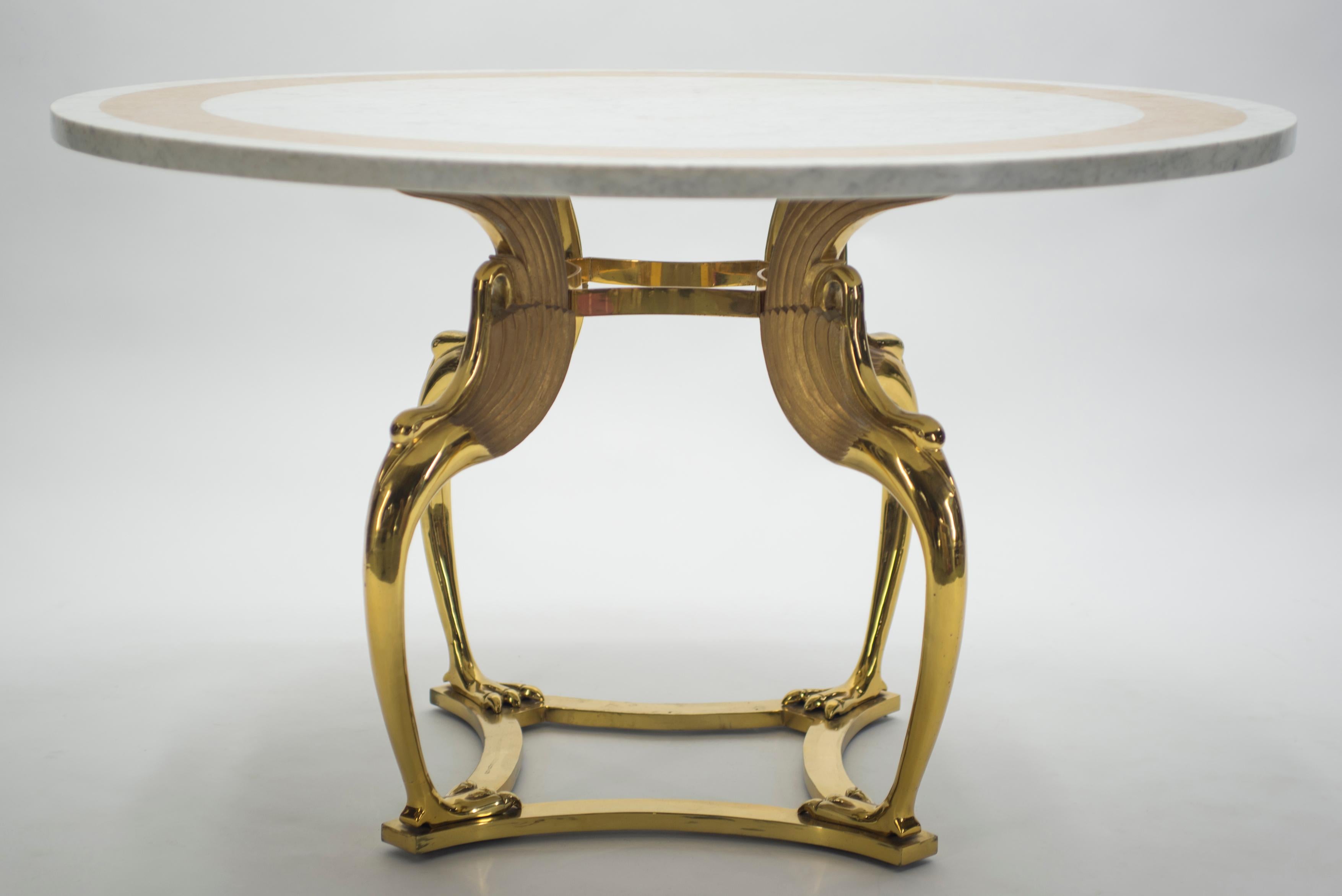 French Rare Hollywood Regency Robert Thibier Brass Marble Dining Table, 1970s