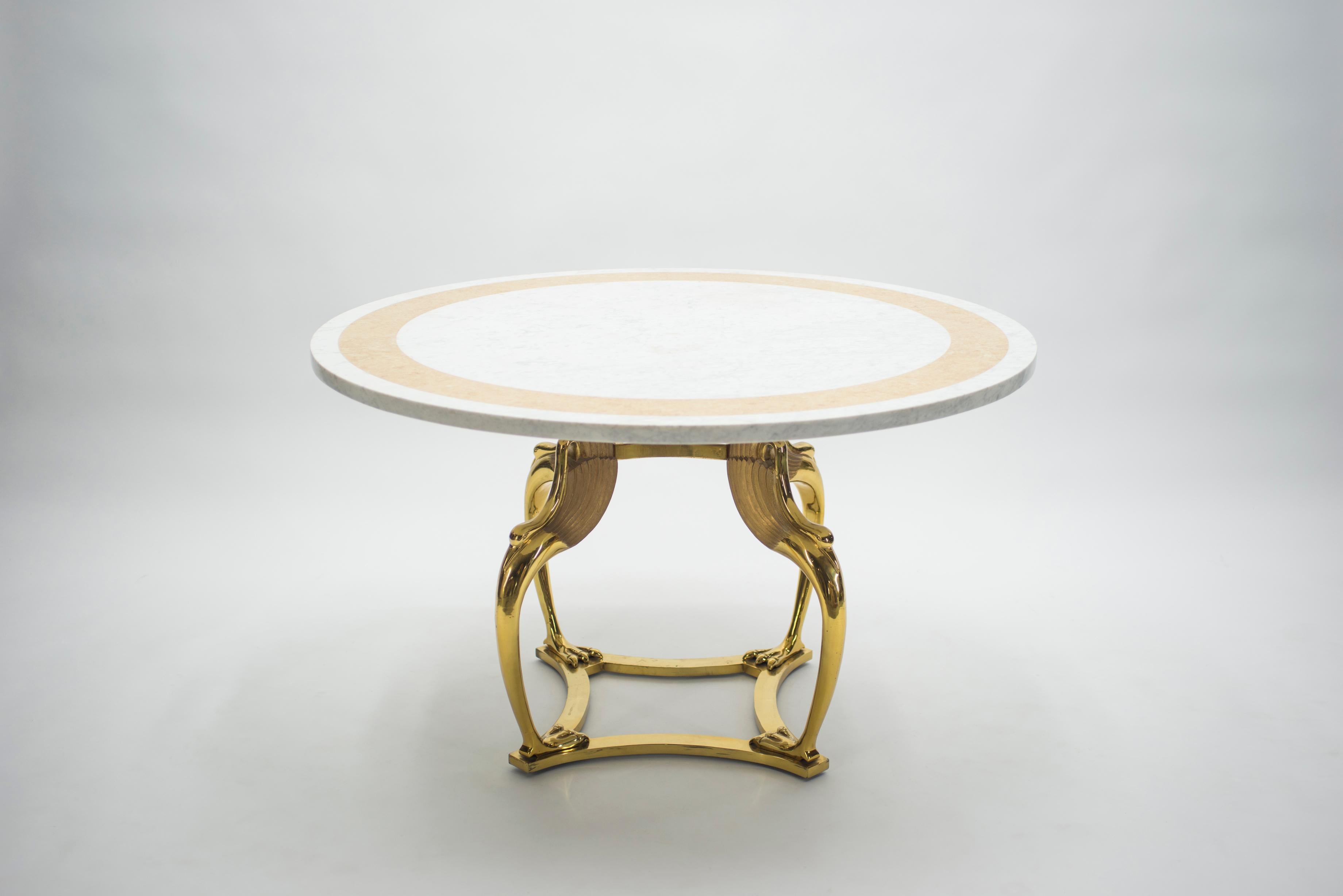 Rare Hollywood Regency Robert Thibier Brass Marble Dining Table, 1970s In Good Condition In Paris, IDF