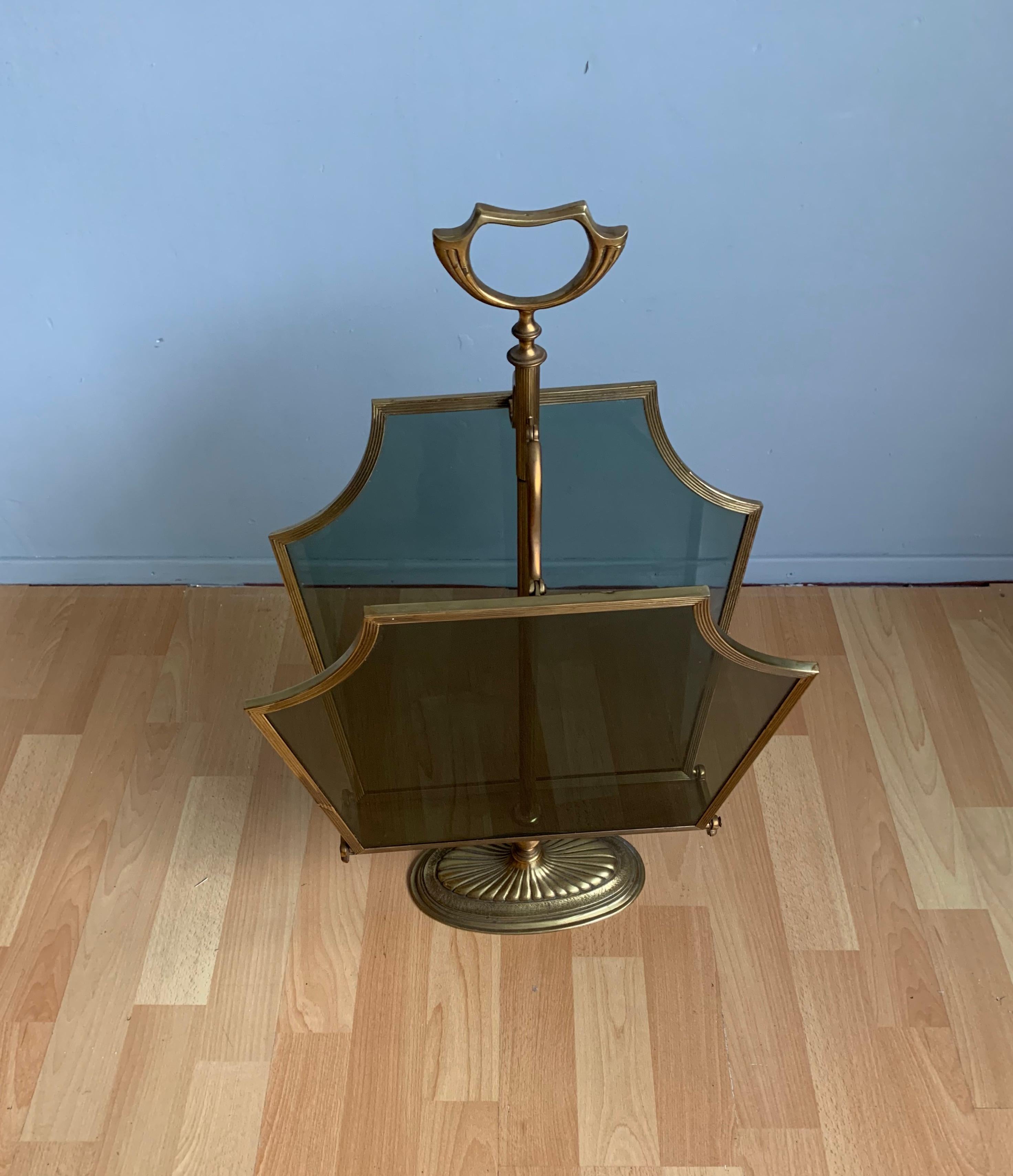 Rare Hollywood Regency Style Bronze, Brass & Smoked Glass Magazine Rack or Stand For Sale 12