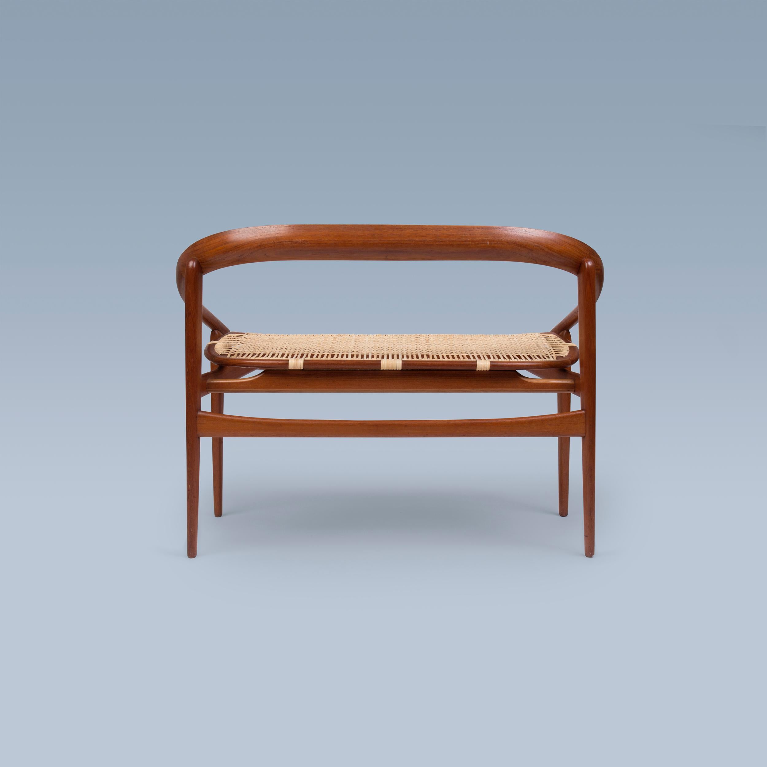 Mid-20th Century Petite Danish modern sofa with horseshoe curved teak and woven light cane seat For Sale