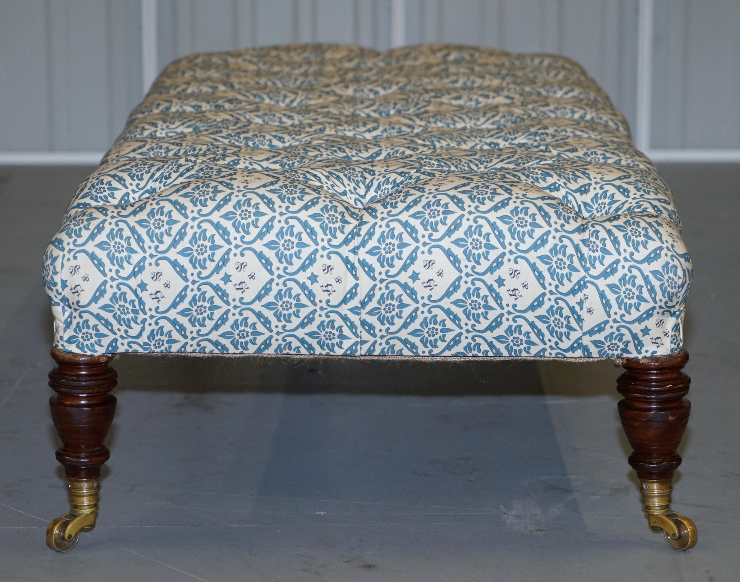 Rare Howard & Son's Oversized Chesterfield Footstool Ticking Fabric Upholstery 1