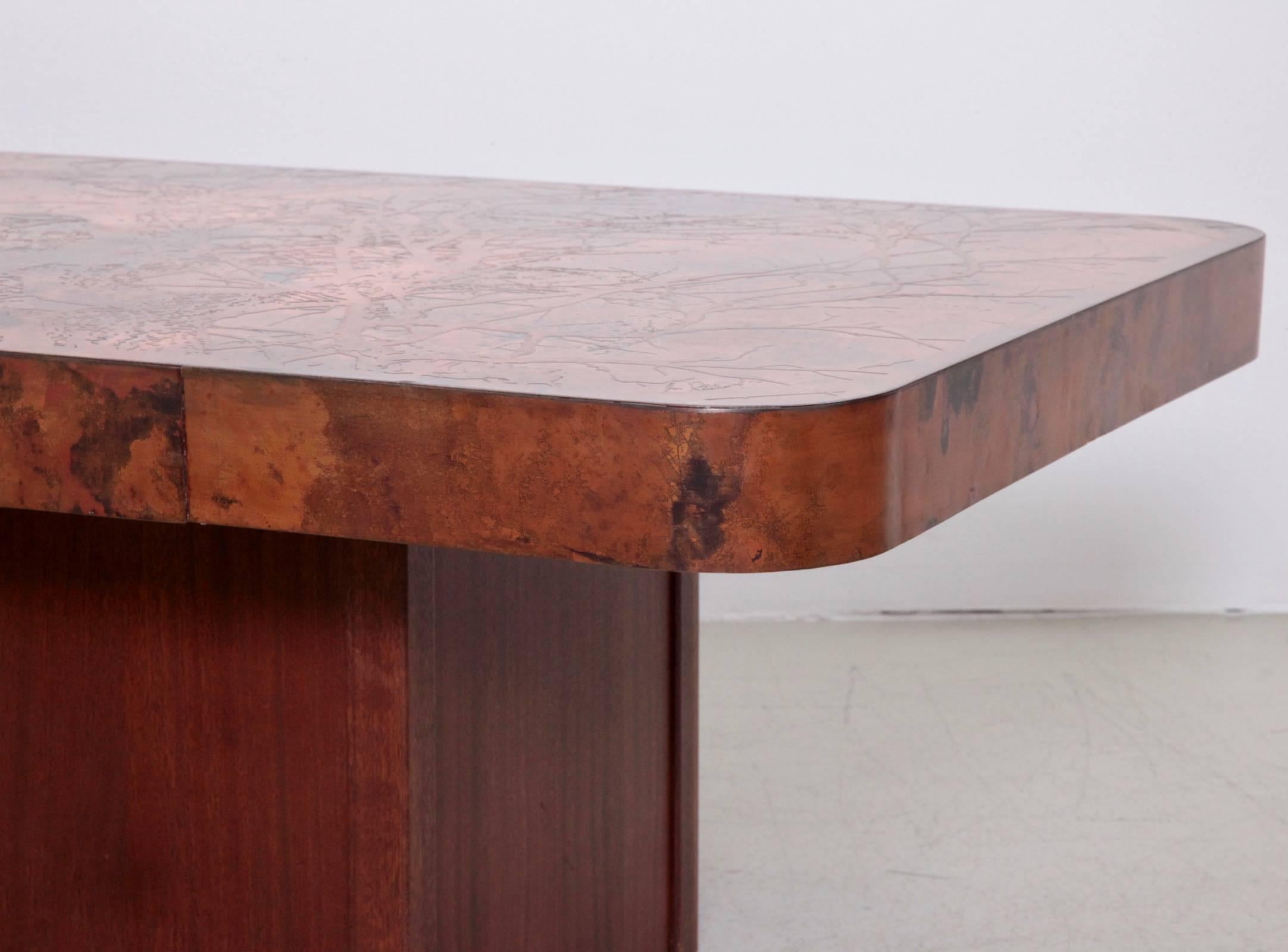 Mid-Century Modern Rare Huge Copper and Mahogany Coffee Table by Bernhard Rohne