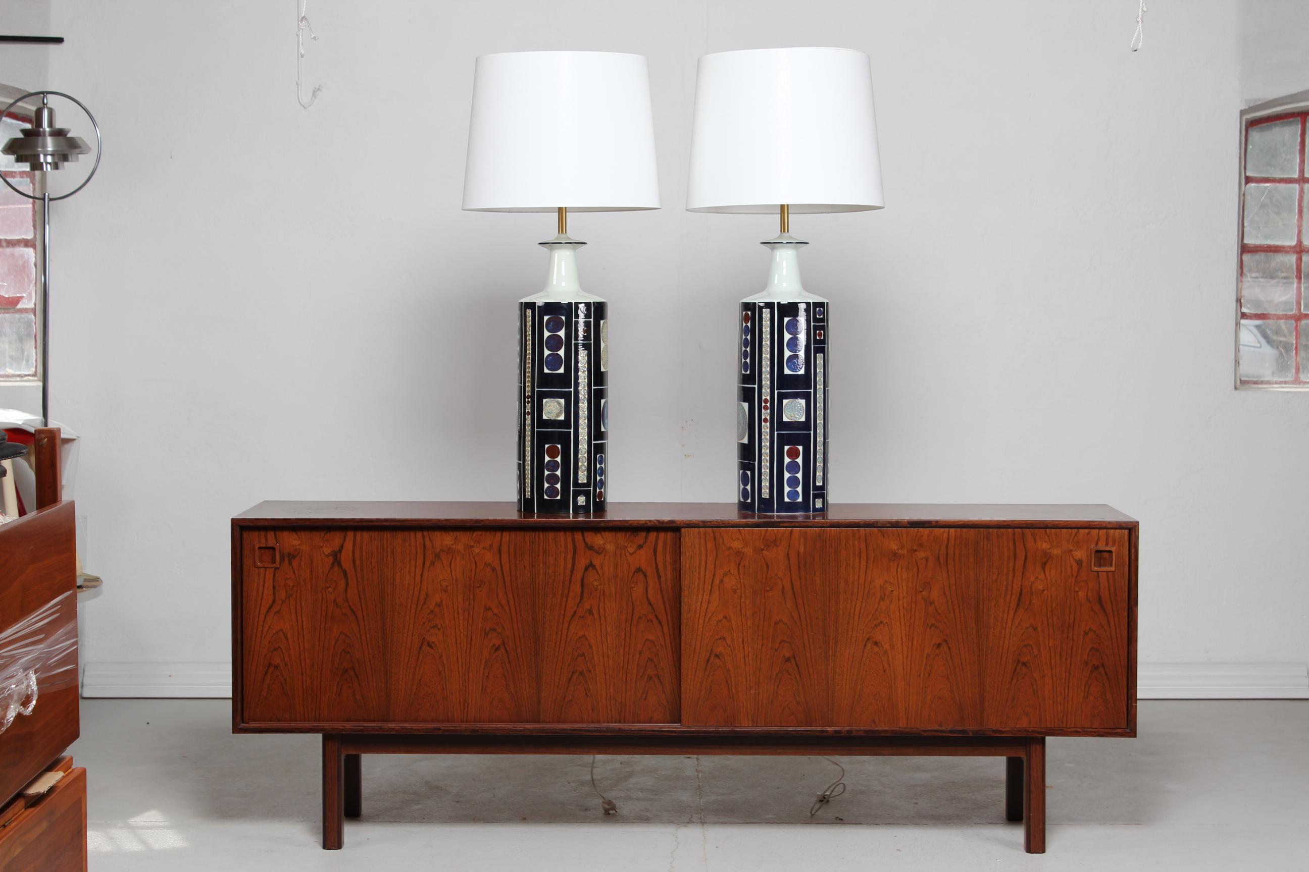 Very rare and extraordinary pair of ceramic floor lamps or huge table lamps. They were designed by Inge-Lise Koefoed for Royal Copenhagen in the 1960s. Manufactured in the late 1960s and early 1970s.

They are part of the 