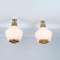 Rare & Huge Pair of Paavo Tynell Pendants Brass & Glass, Model 3353 Taito 1950s