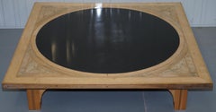 Rare Huge Solid Oak with Round Marble Centre Parquetry Inlaid Coffee Low Table