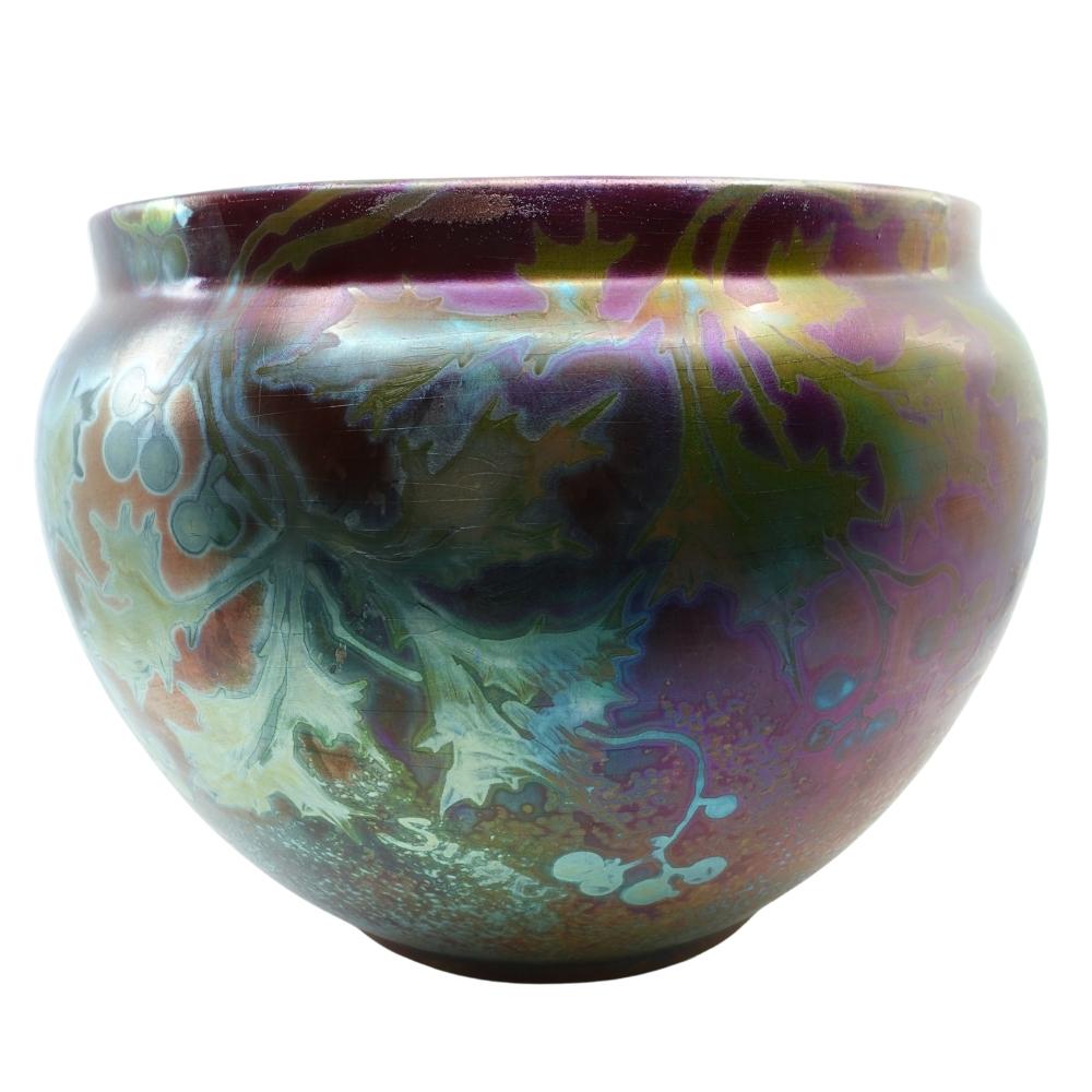 Extremely proud to offer this EXTREMELY rare, Weller Sicard iridized metallic glaze pottery Jardiniere (bowl / planter). This large jardinière features a holly leaf and berry design with unbelievable green iridescent base color with major flashes of