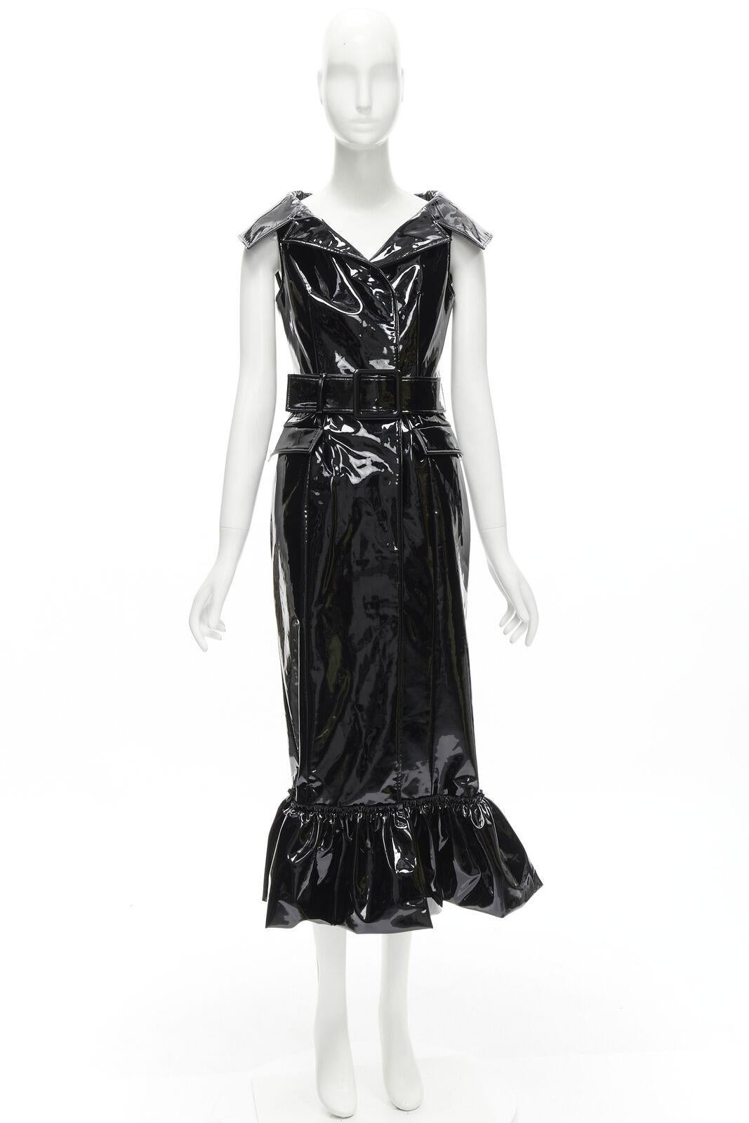 rare HUISHAN ZHANG black shiney vinyl PVC belted flared hem coat dress US2 XS For Sale 6