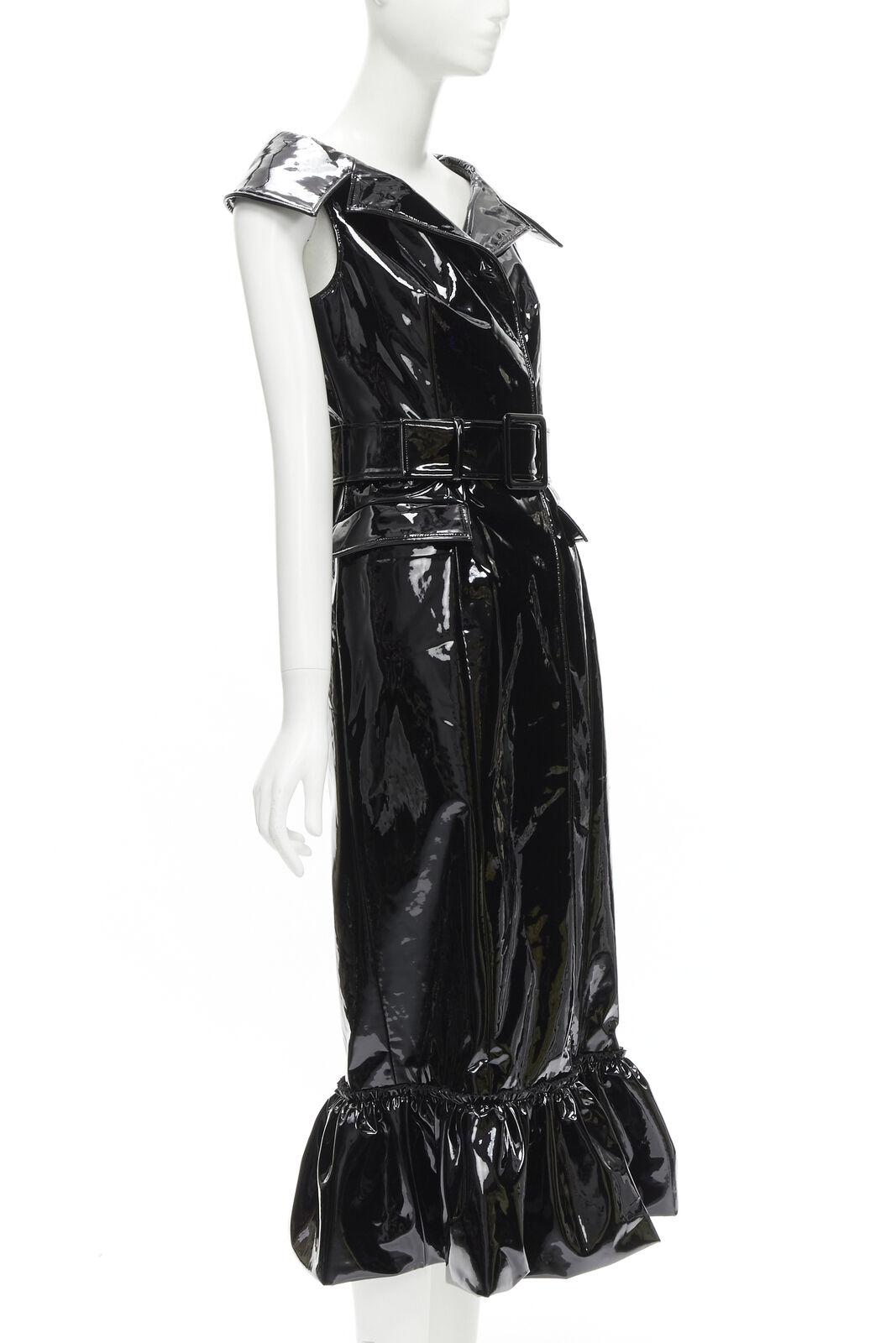 rare HUISHAN ZHANG black shiney vinyl PVC belted flared hem coat dress US2 XS In Excellent Condition For Sale In Hong Kong, NT