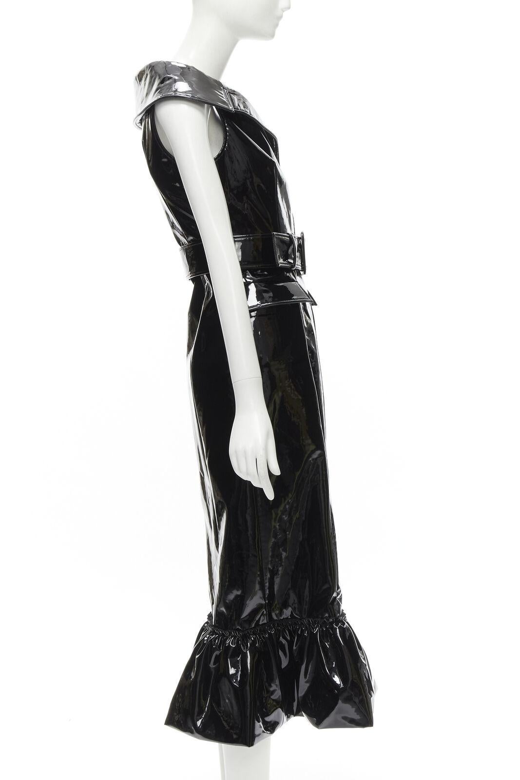 Women's rare HUISHAN ZHANG black shiney vinyl PVC belted flared hem coat dress US2 XS For Sale