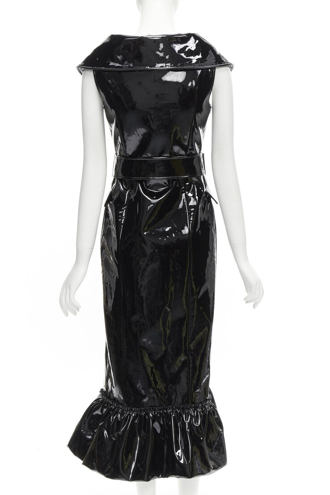 rare HUISHAN ZHANG black shiney vinyl PVC belted flared hem coat dress US2 XS For Sale 1