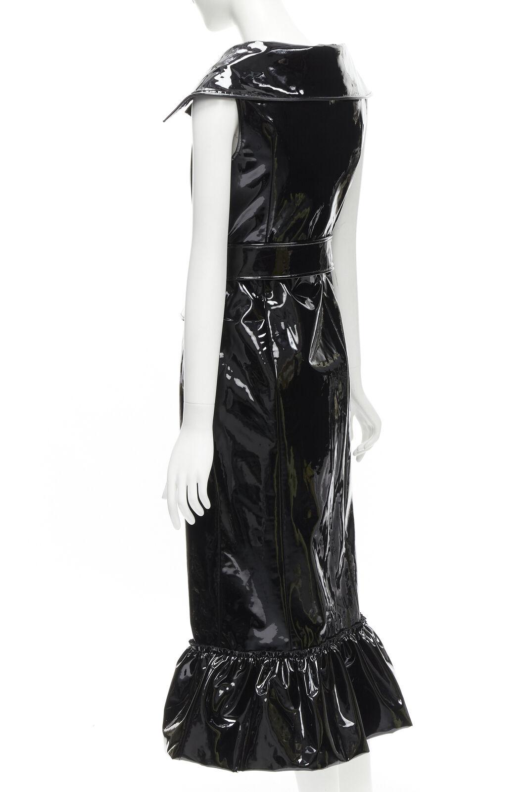 rare HUISHAN ZHANG black shiney vinyl PVC belted flared hem coat dress US2 XS For Sale 2