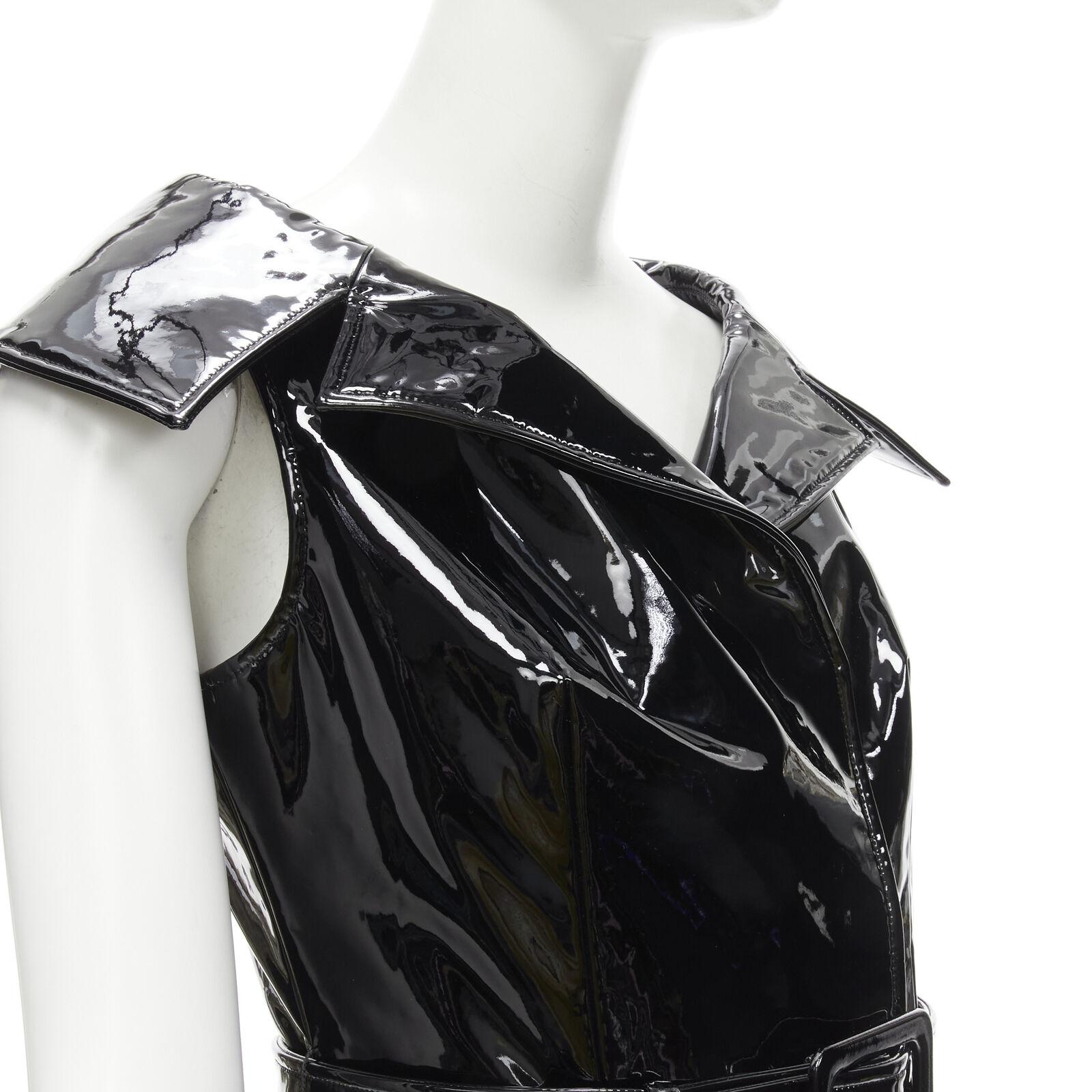 rare HUISHAN ZHANG black shiney vinyl PVC belted flared hem coat dress US2 XS For Sale 3