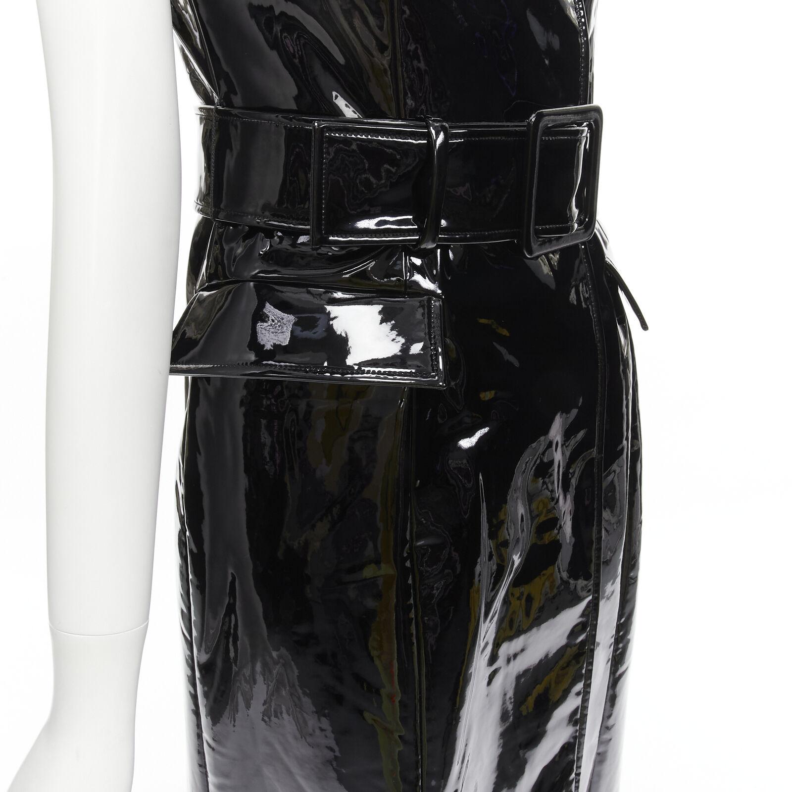 rare HUISHAN ZHANG black shiney vinyl PVC belted flared hem coat dress US2 XS For Sale 4