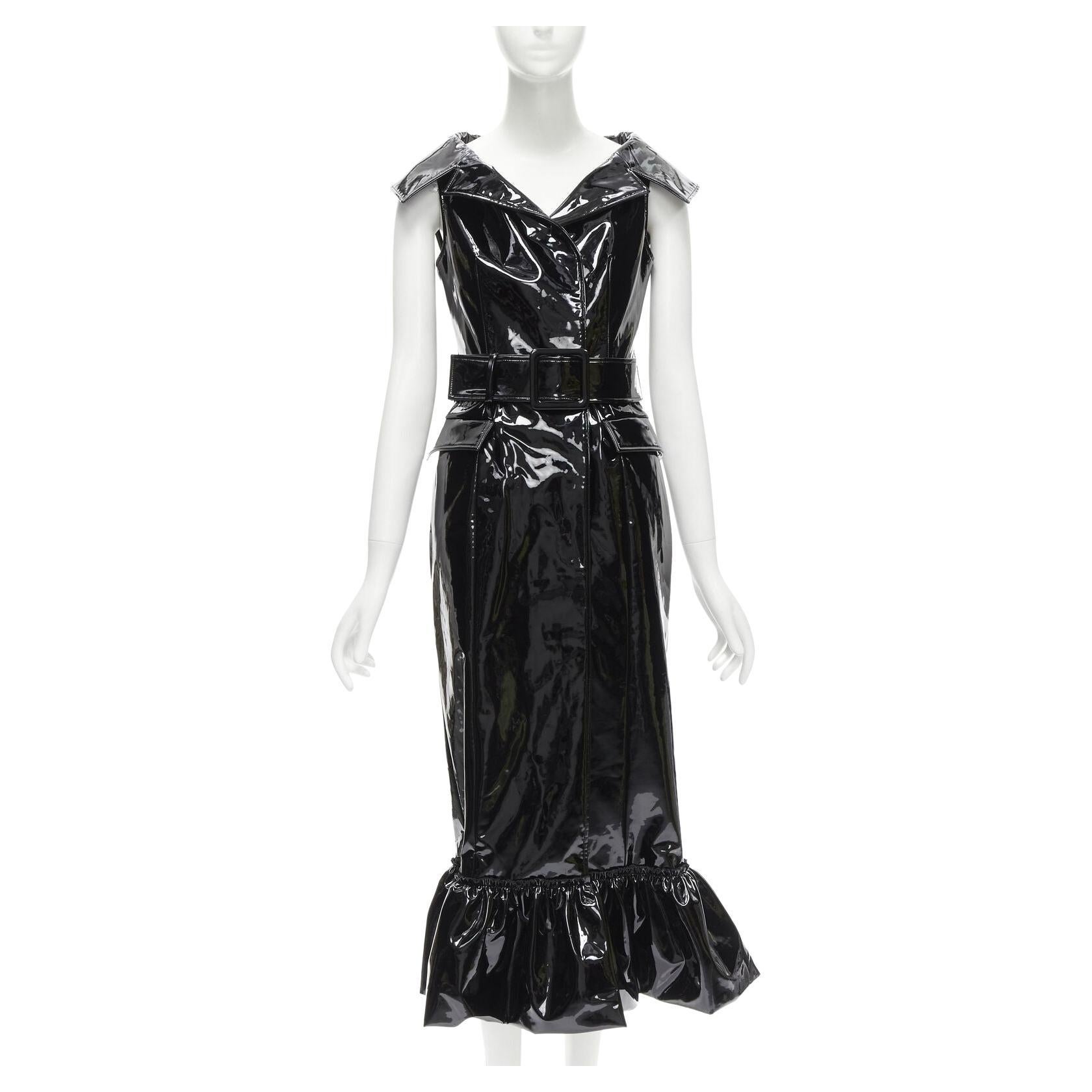 rare HUISHAN ZHANG black shiney vinyl PVC belted flared hem coat dress US2 XS For Sale