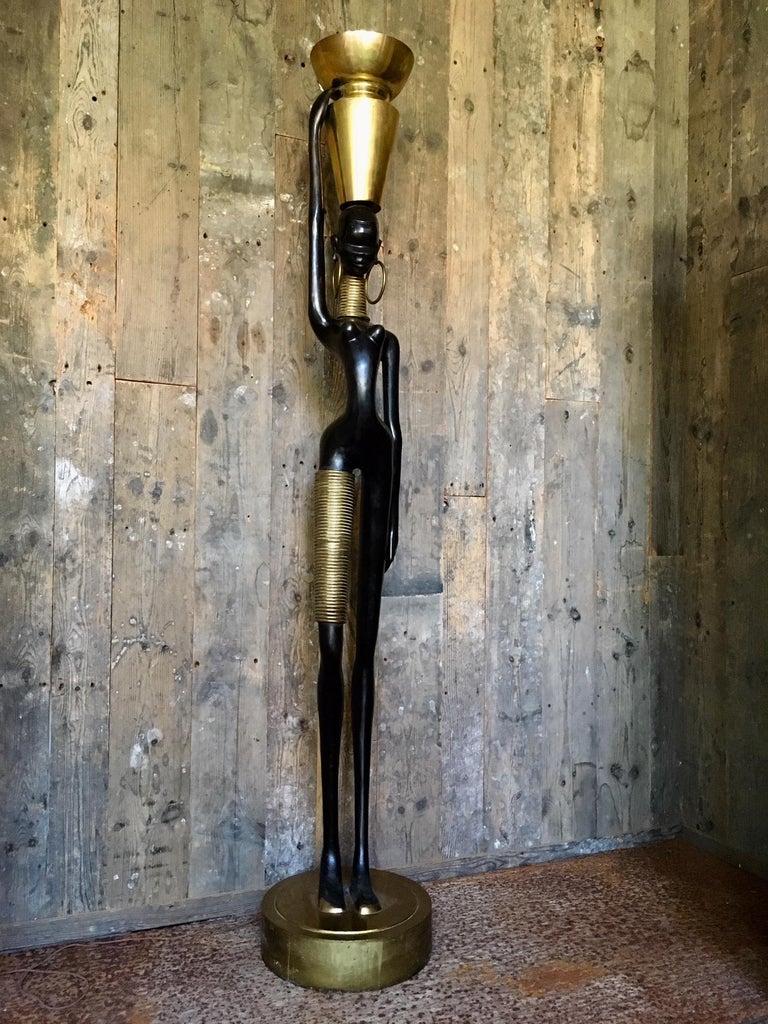 Rare Human Sized Figurine, Floor Lamp of a Beautiful African Woman by