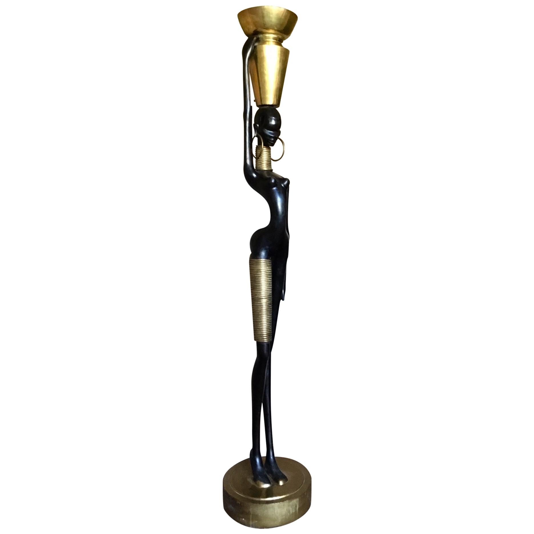 Rare Human Sized Figurine, Floor Lamp of a Beautiful African Woman by Hagenauer